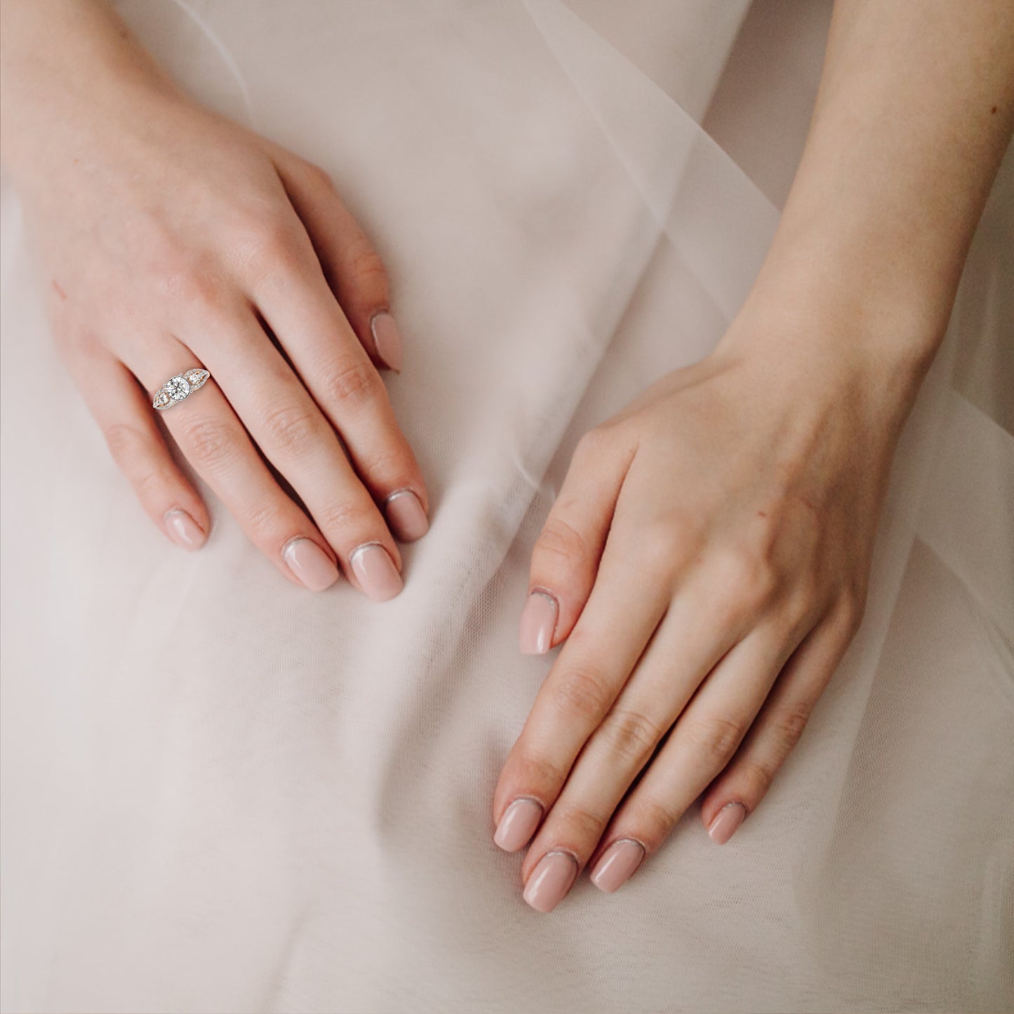 Heirloom Trinity – Lab Diamond Three-Stone Ring with Pavé Halo in 14K Gold