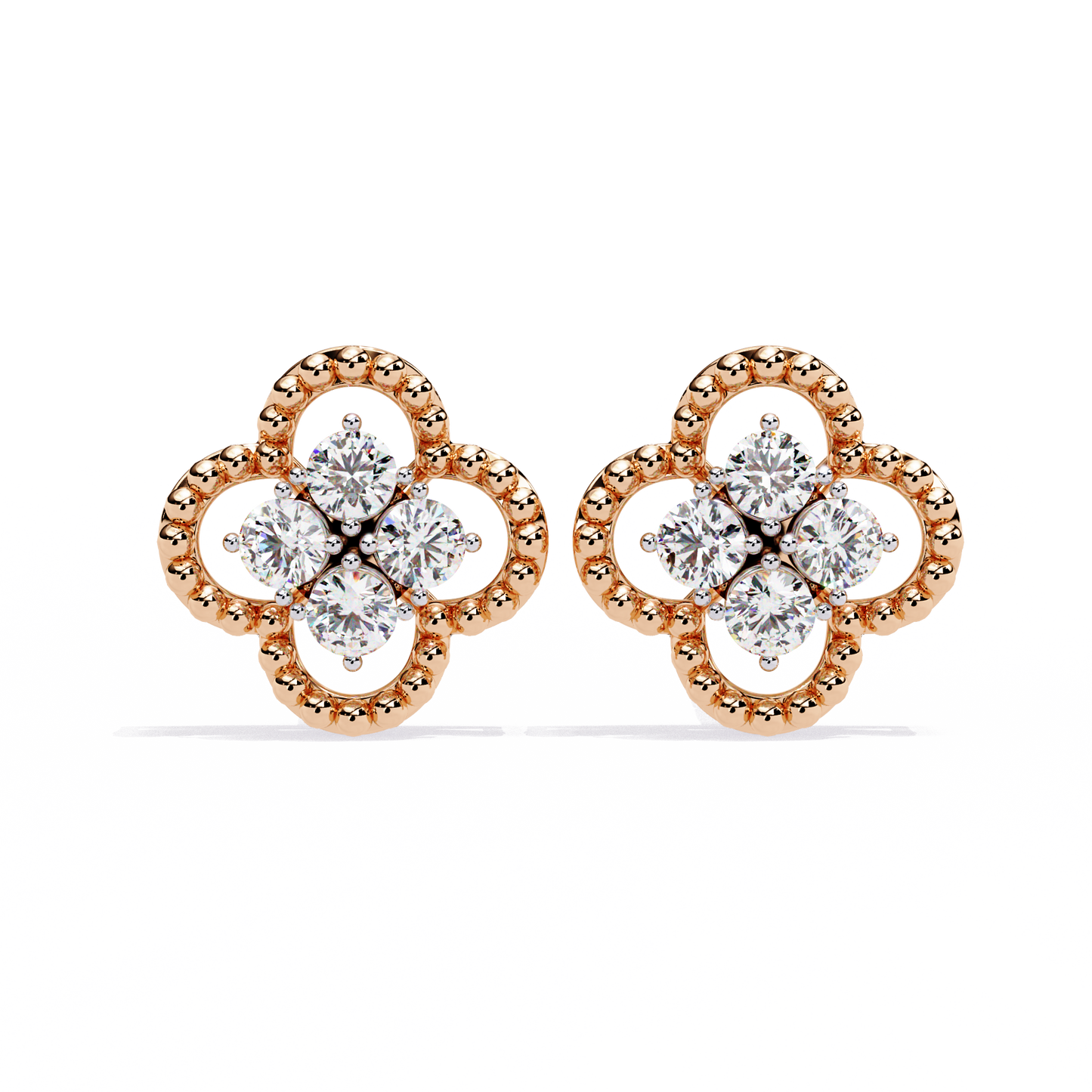 Ornate Clover – Lab Diamond Stud Earrings with Beaded Gold Detail in 14K