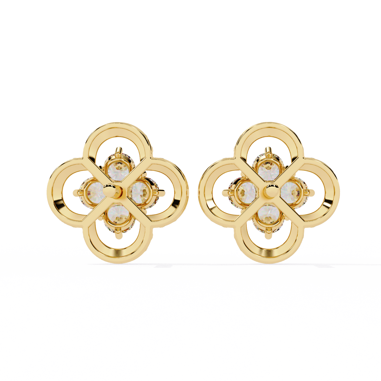 Ornate Clover – Diamond Stud Earrings with Beaded Gold Detail in 14K