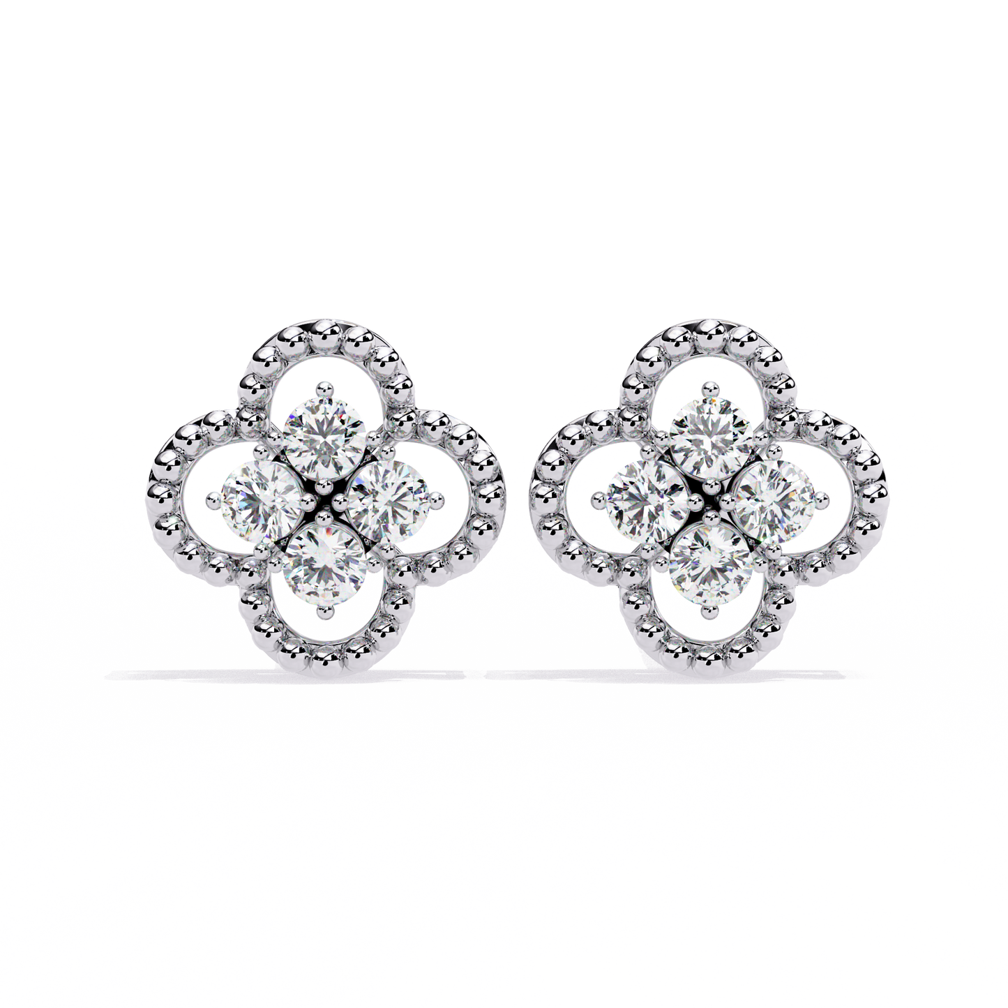 Ornate Clover – Lab Diamond Stud Earrings with Beaded Gold Detail in 14K