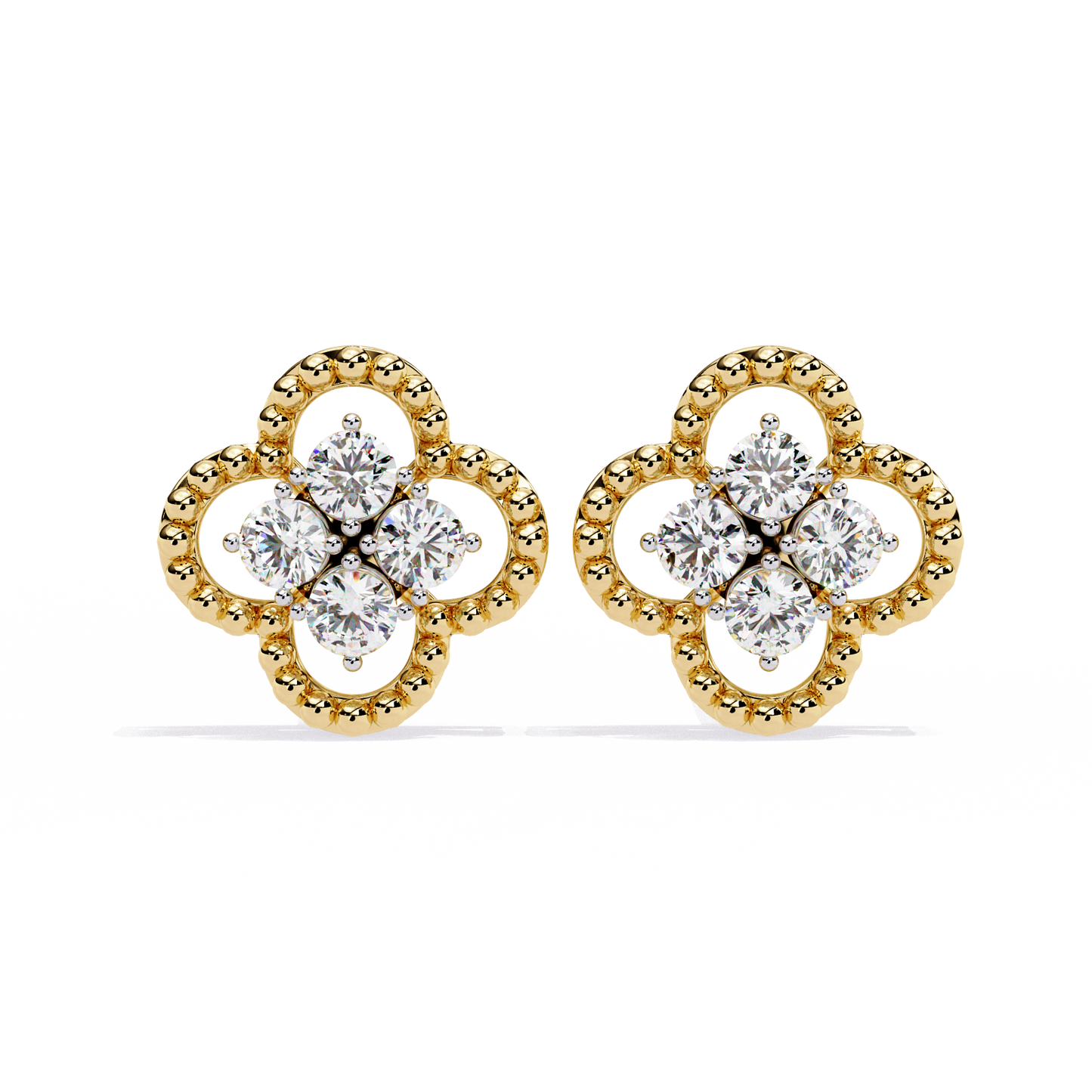 Ornate Clover – Lab Diamond Stud Earrings with Beaded Gold Detail in 14K