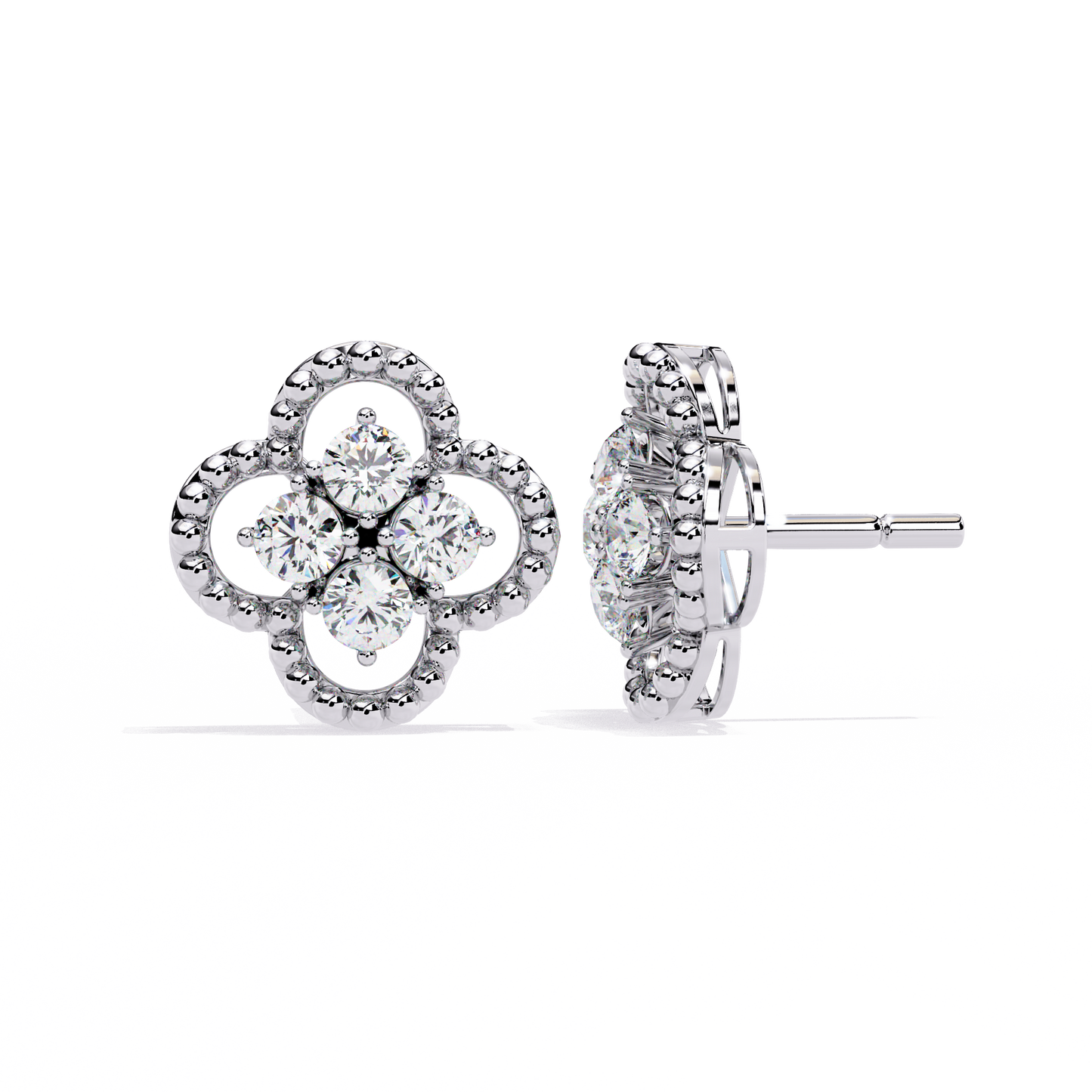 Ornate Clover – Lab Diamond Stud Earrings with Beaded Gold Detail in 14K