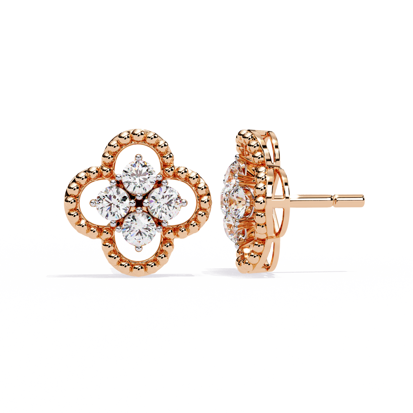 Ornate Clover – Lab Diamond Stud Earrings with Beaded Gold Detail in 14K