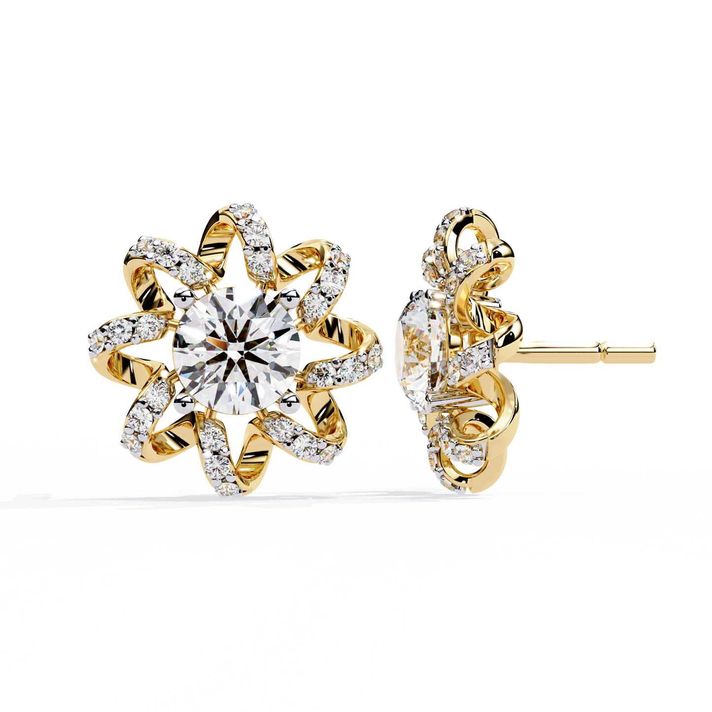 Radiant Bloom – Diamond Floral Halo Studs in 14K Gold