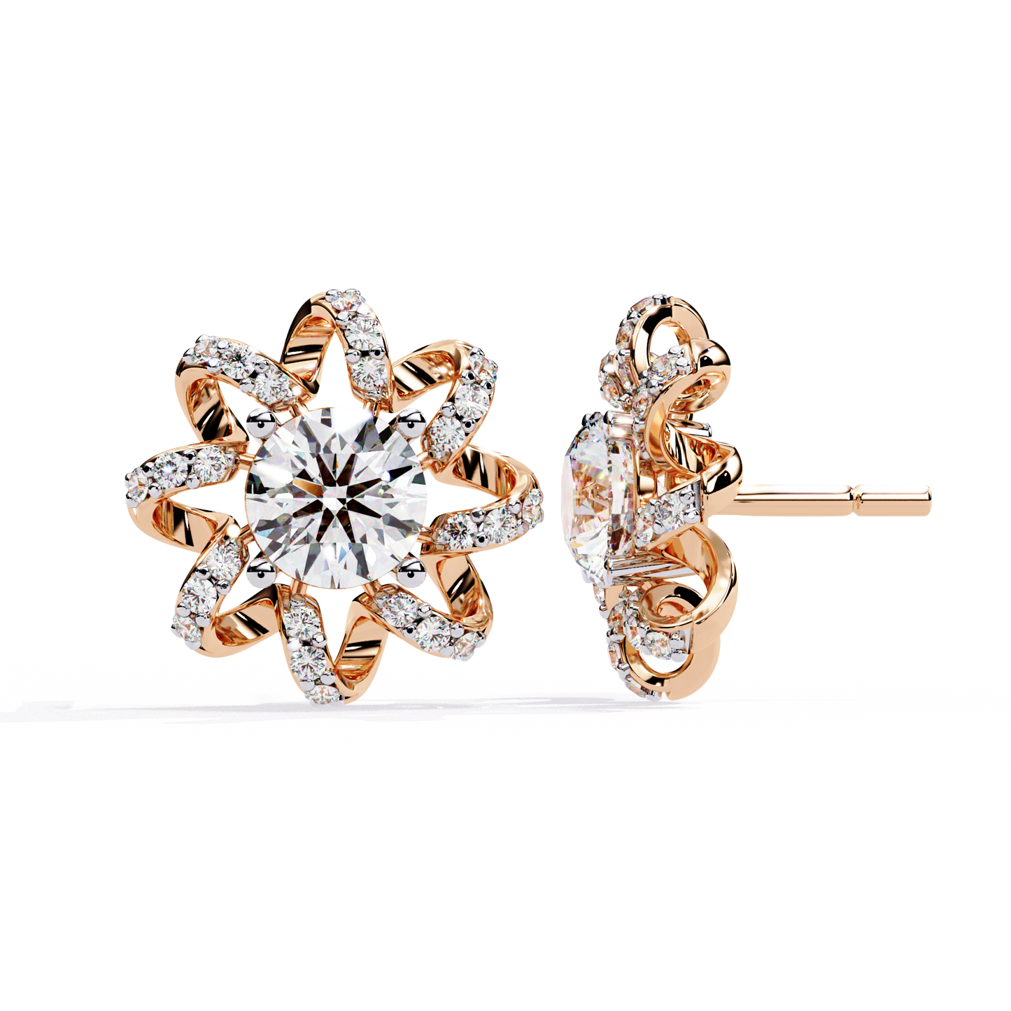 Radiant Bloom – Diamond Floral Halo Studs in 14K Gold