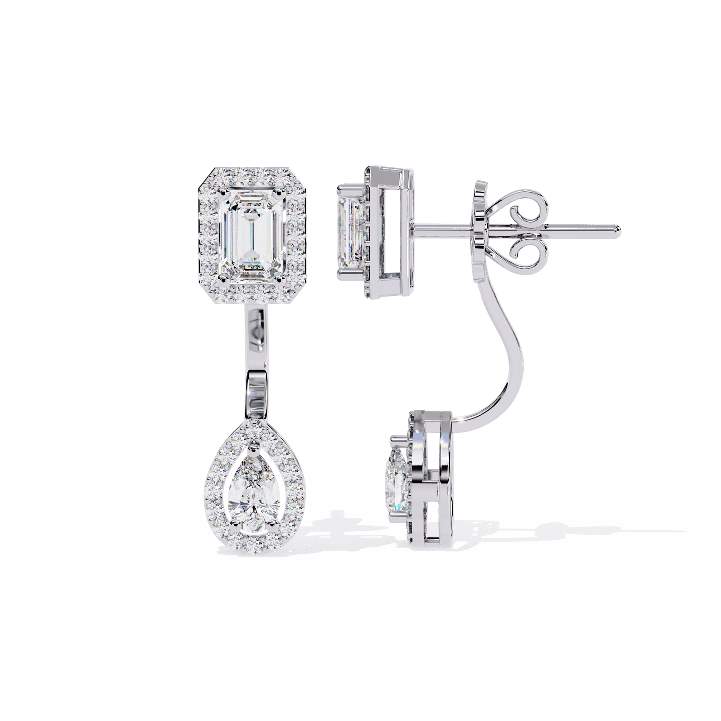 Duo Halo – Emerald & Pear Diamond Drop Earrings in 14K Gold