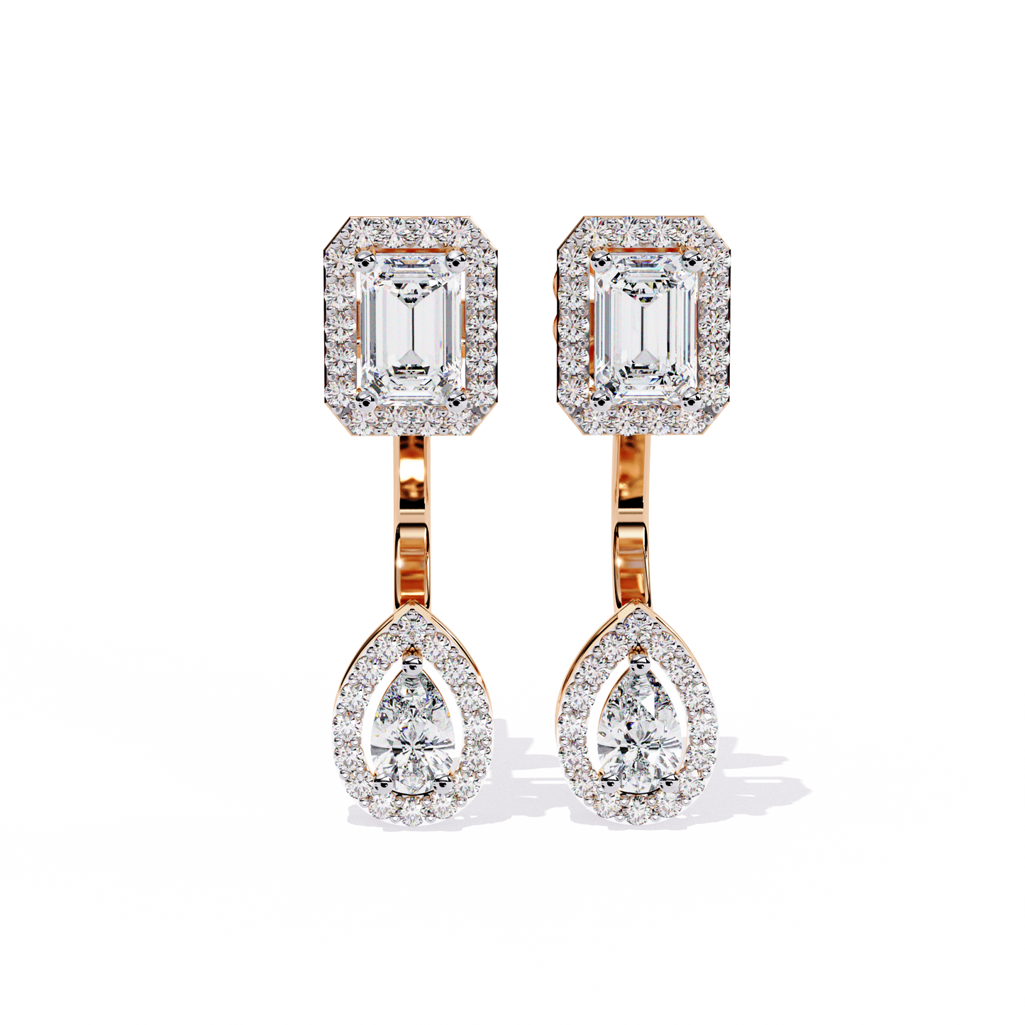 Duo Halo – Emerald & Pear Diamond Drop Earrings in 14K Gold
