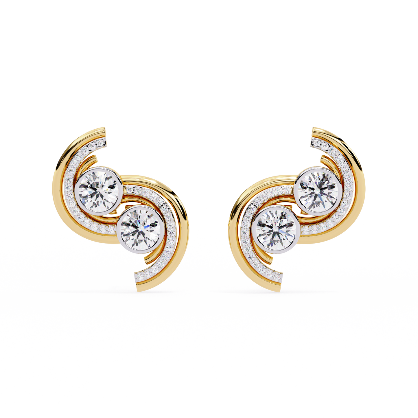 Twin Orbit – Dual Round Diamond Swirl Earrings in 14K Gold