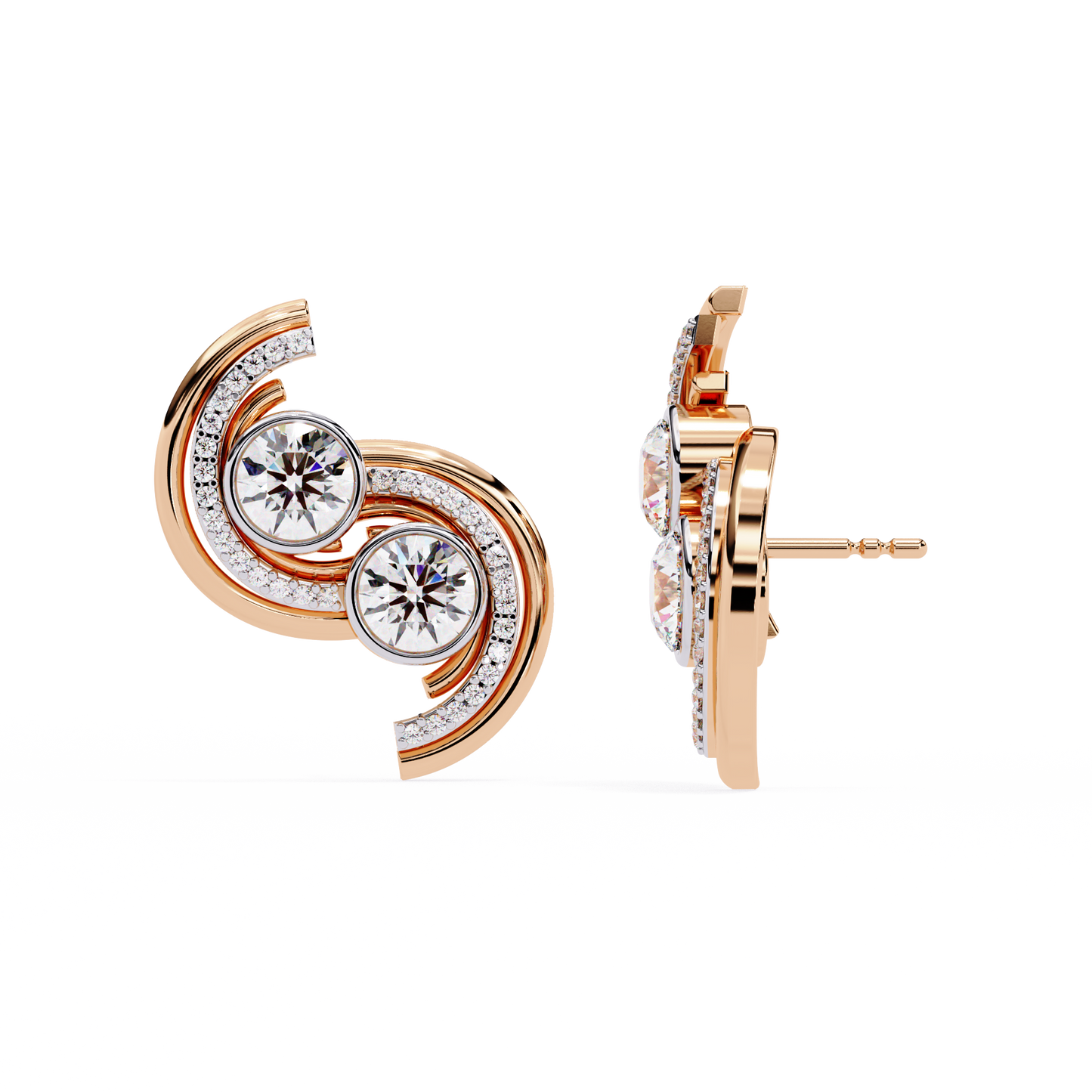 Twin Orbit – Dual Round Diamond Swirl Earrings in 14K Gold