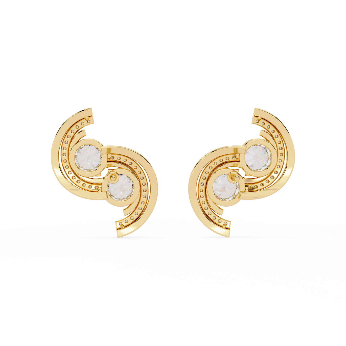 Twin Orbit – Dual Round Diamond Swirl Earrings in 14K Gold
