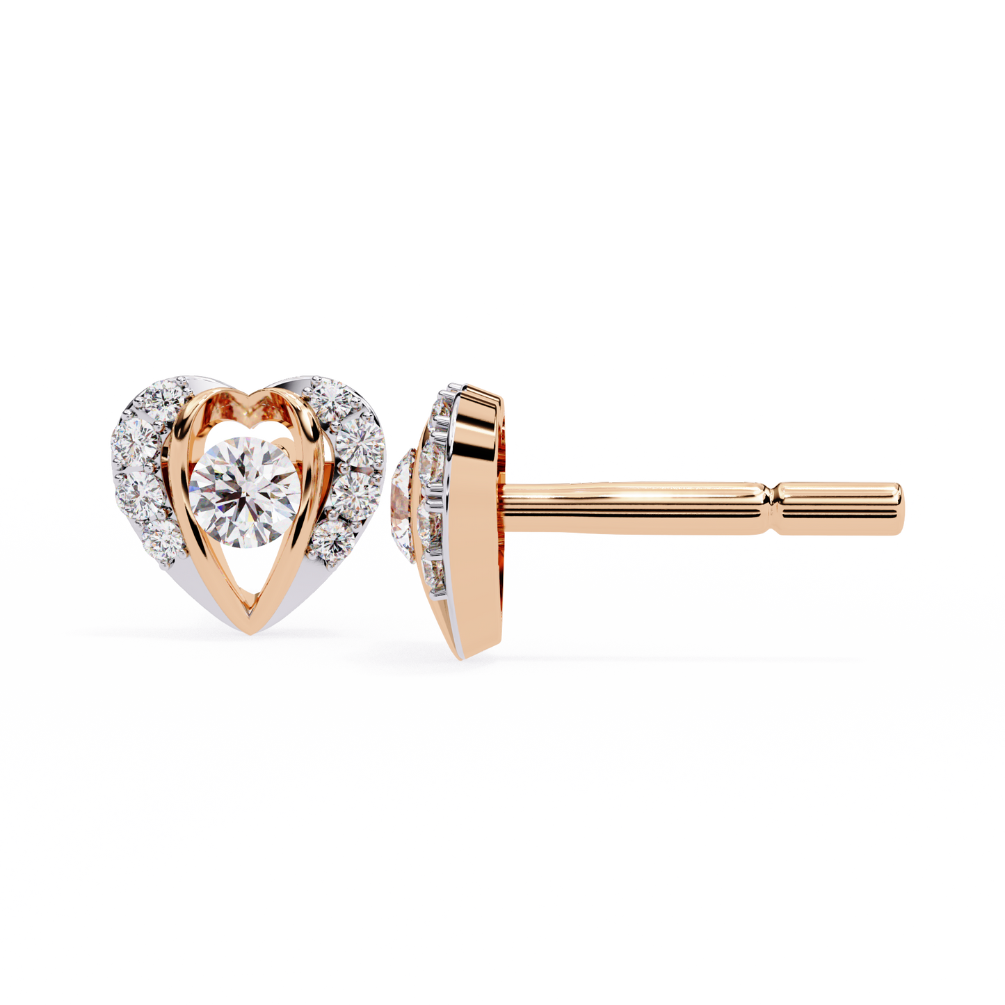 Amour Halo – Heart-Shaped Stud Earrings with Central Diamond in 14K Gold