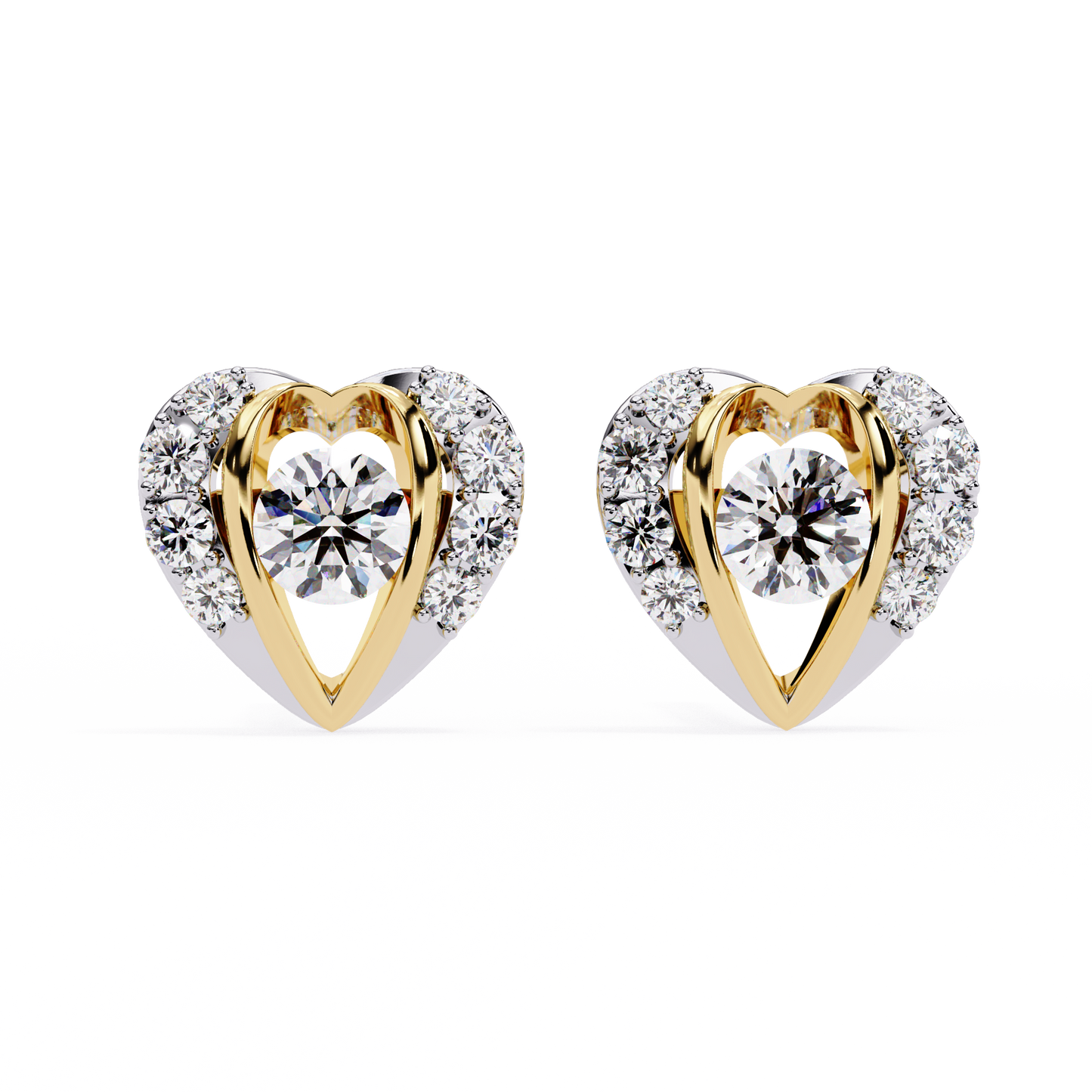 Amour Halo – Heart-Shaped Stud Earrings with Central Diamond in 14K Gold