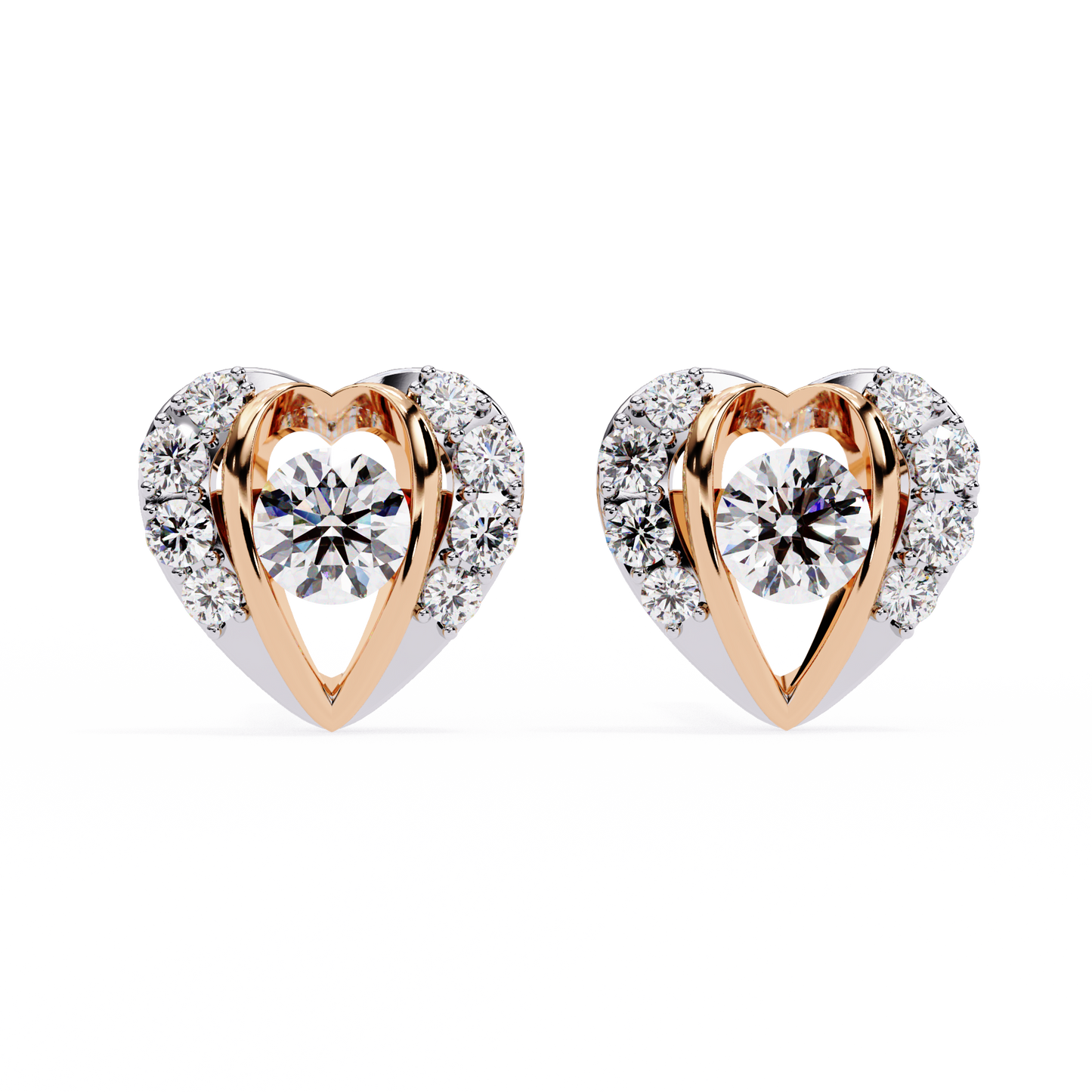Amour Halo – Heart-Shaped Stud Earrings with Central Diamond in 14K Gold