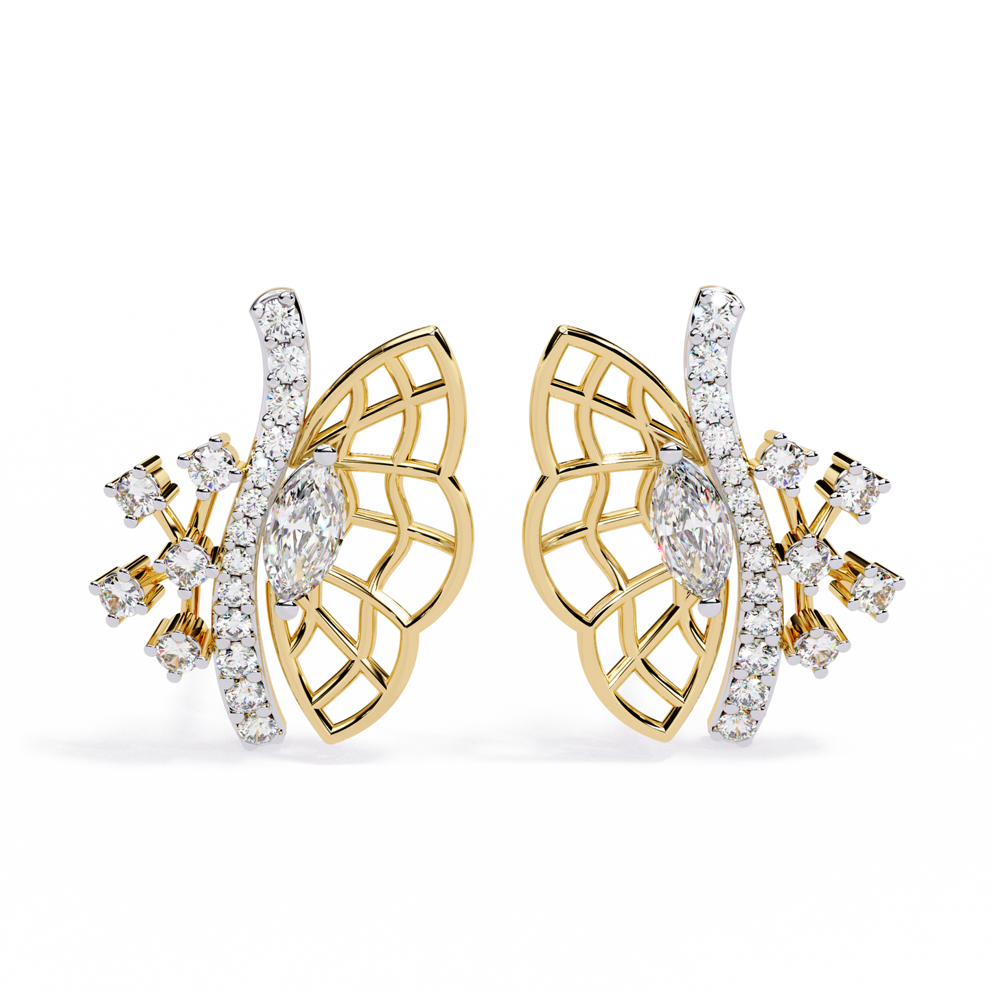 Wings of Grace – Marquise & Round Diamond Butterfly-Inspired Earrings in 14K Gold