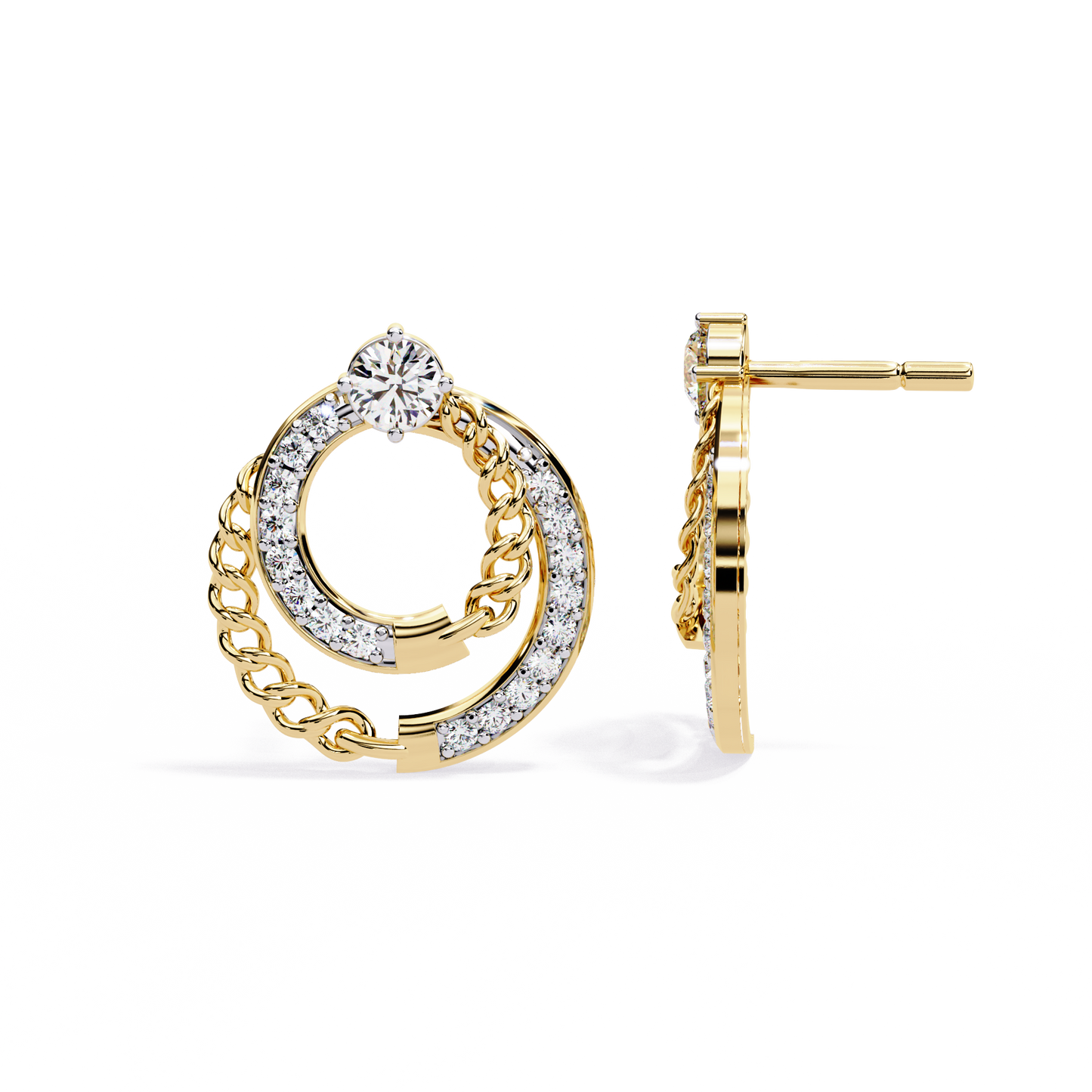 Linked Harmony – Dual-Hoop Lab Diamond Earrings with Chain Detail in 14K Gold