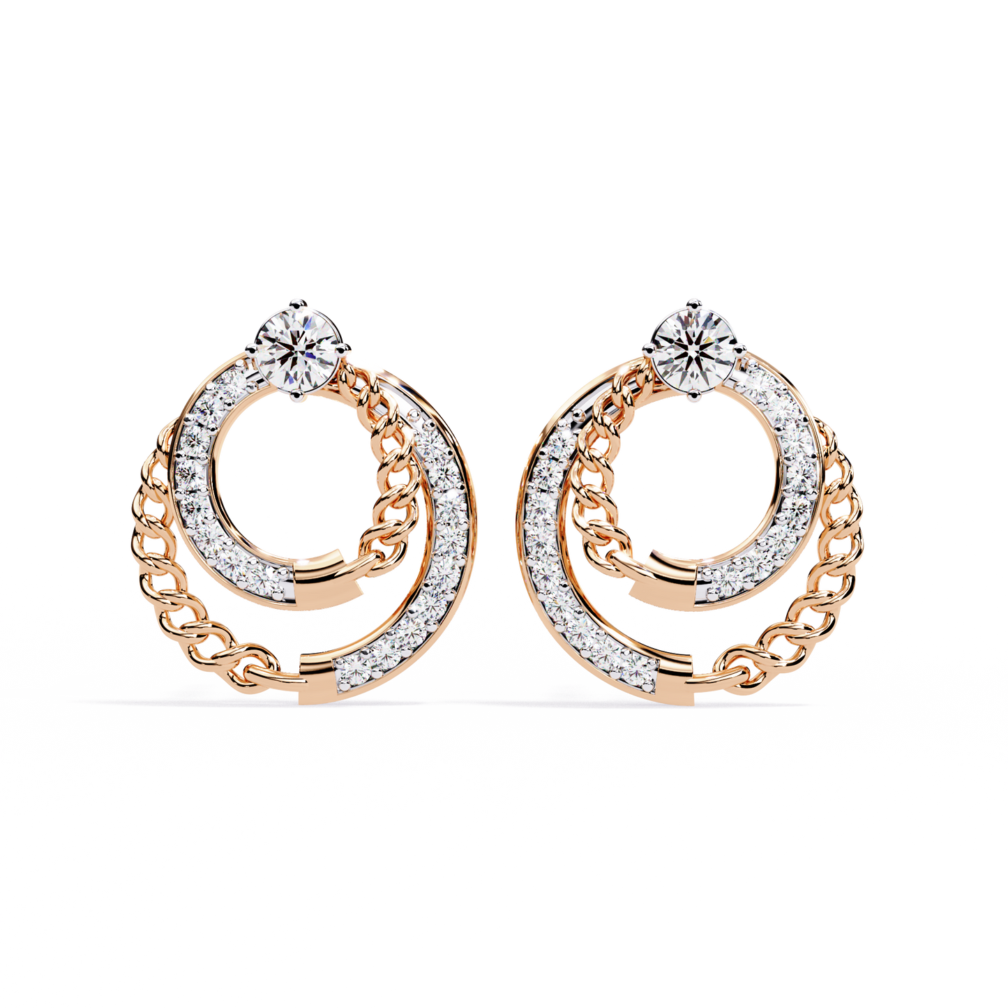 Linked Harmony – Dual-Hoop Lab Diamond Earrings with Chain Detail in 14K Gold