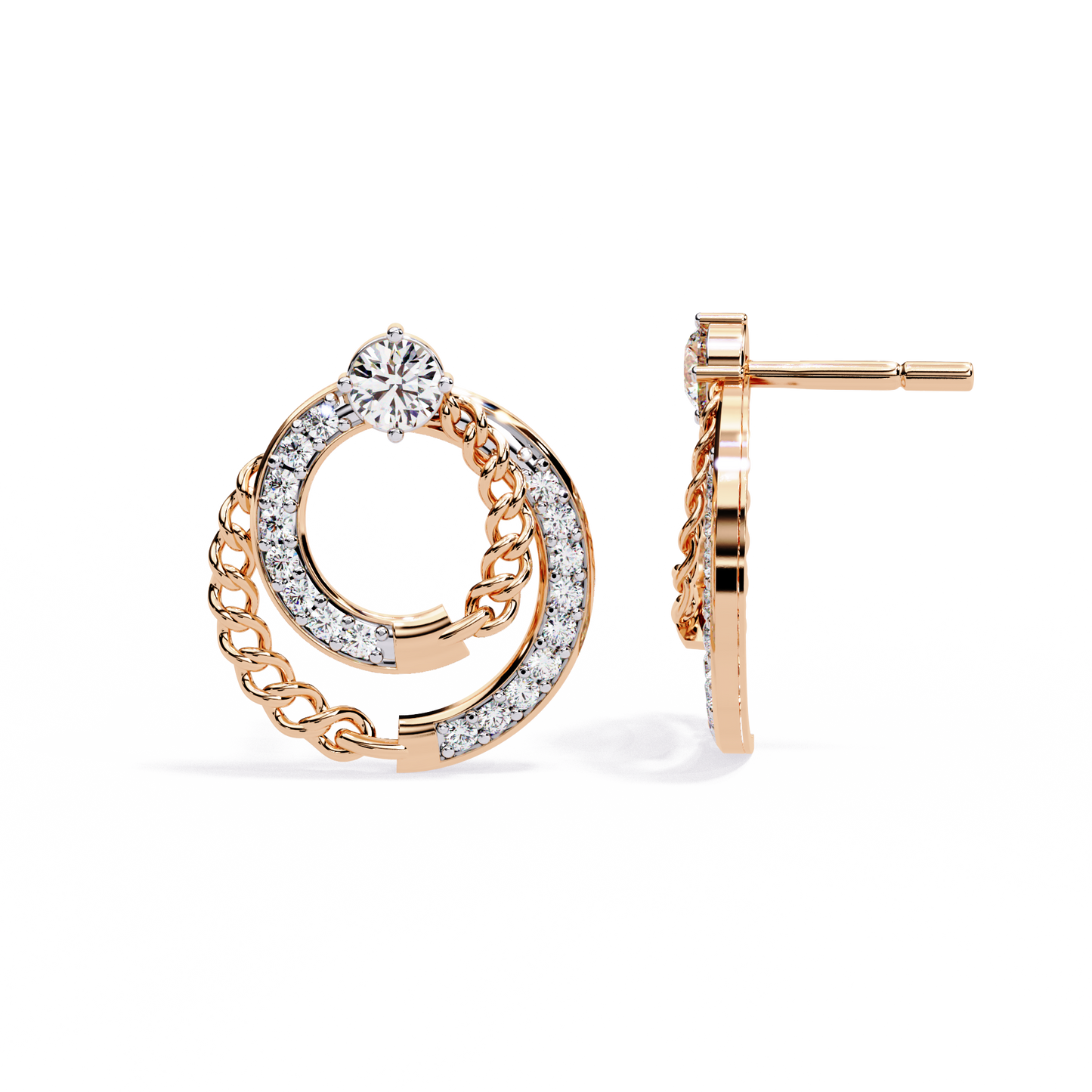 Linked Harmony – Dual-Hoop Lab Diamond Earrings with Chain Detail in 14K Gold