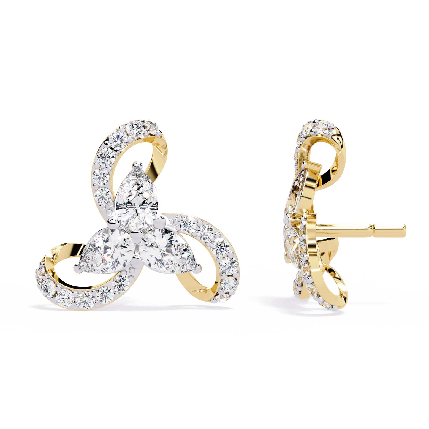 Trinity Bloom – Pear-Cut Diamond Petal Earrings in 14K Gold