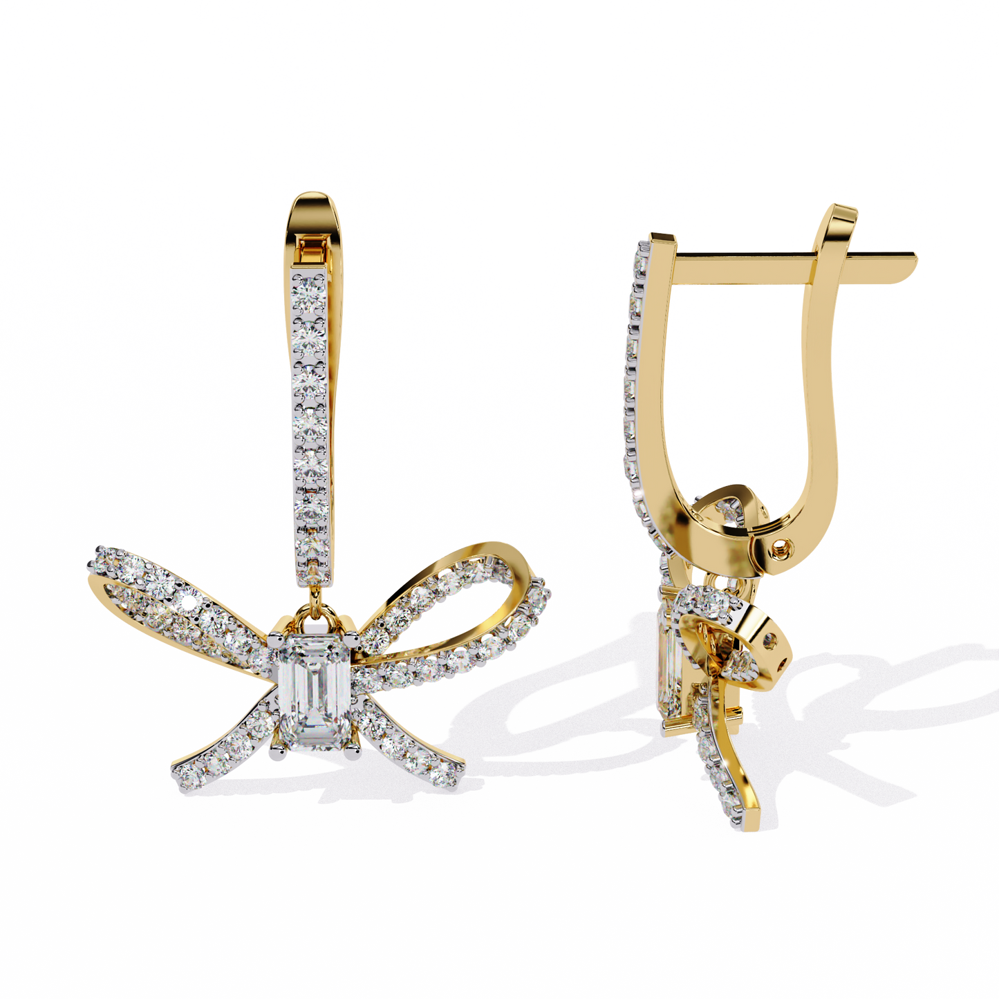 Ribbon Grace – Emerald-Cut Lab Diamond Bow Earrings in 14K Gold