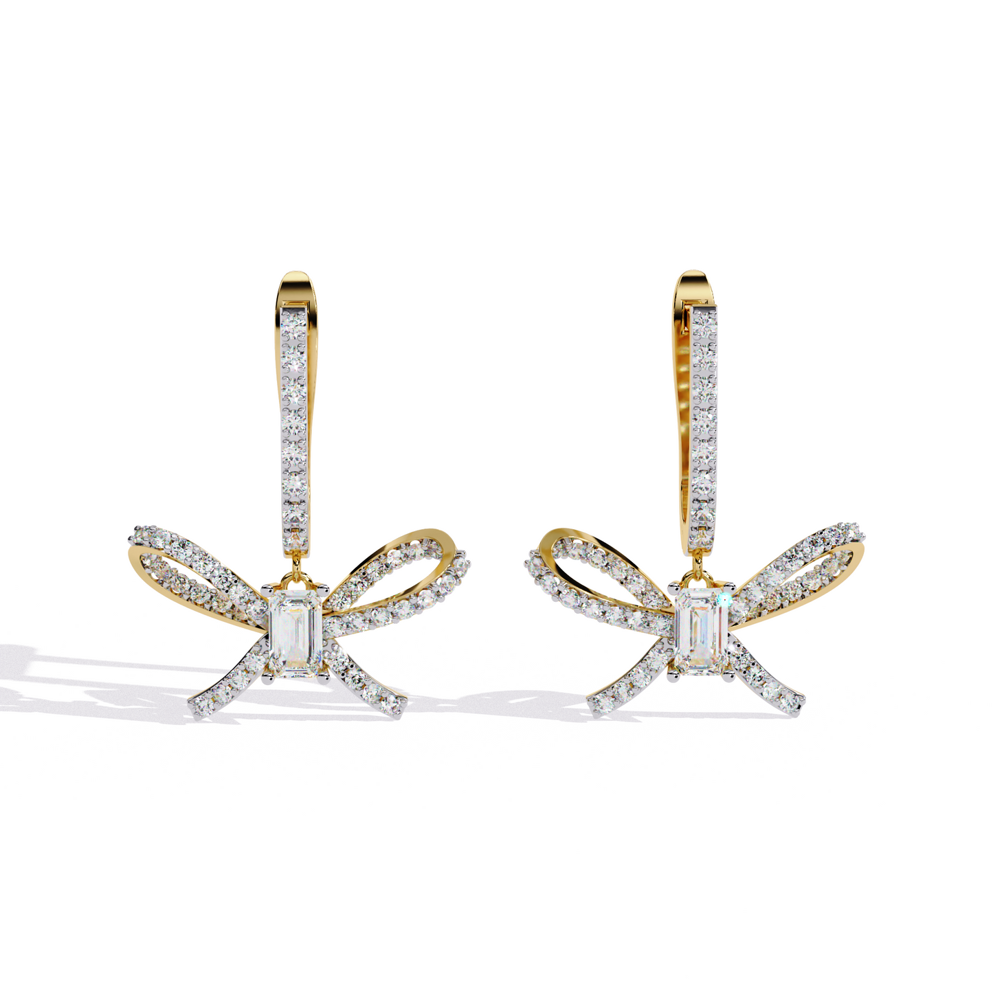 Ribbon Grace – Emerald-Cut Lab Diamond Bow Earrings in 14K Gold