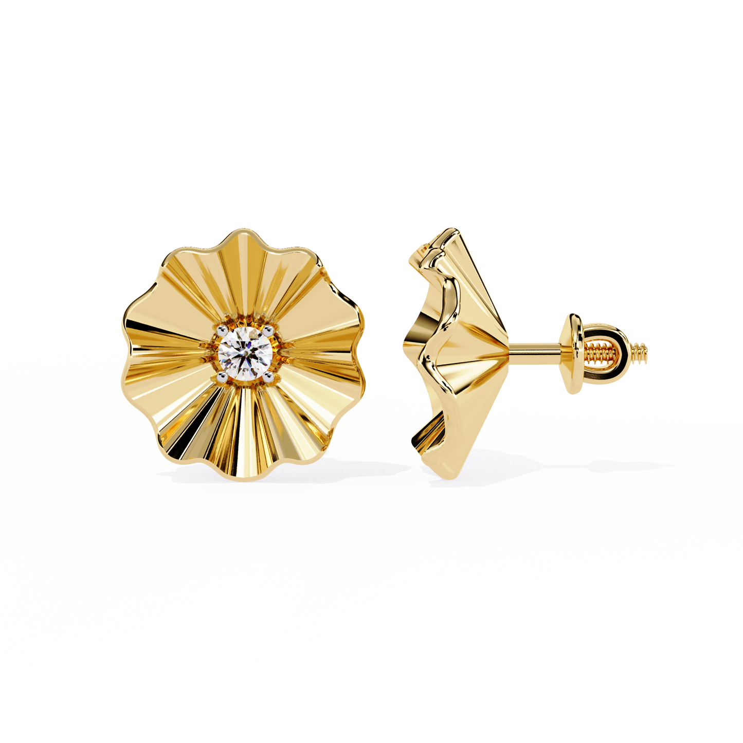 Golden Bloom – Ruffled Gold Studs with Princess Lab Diamond in 14K
