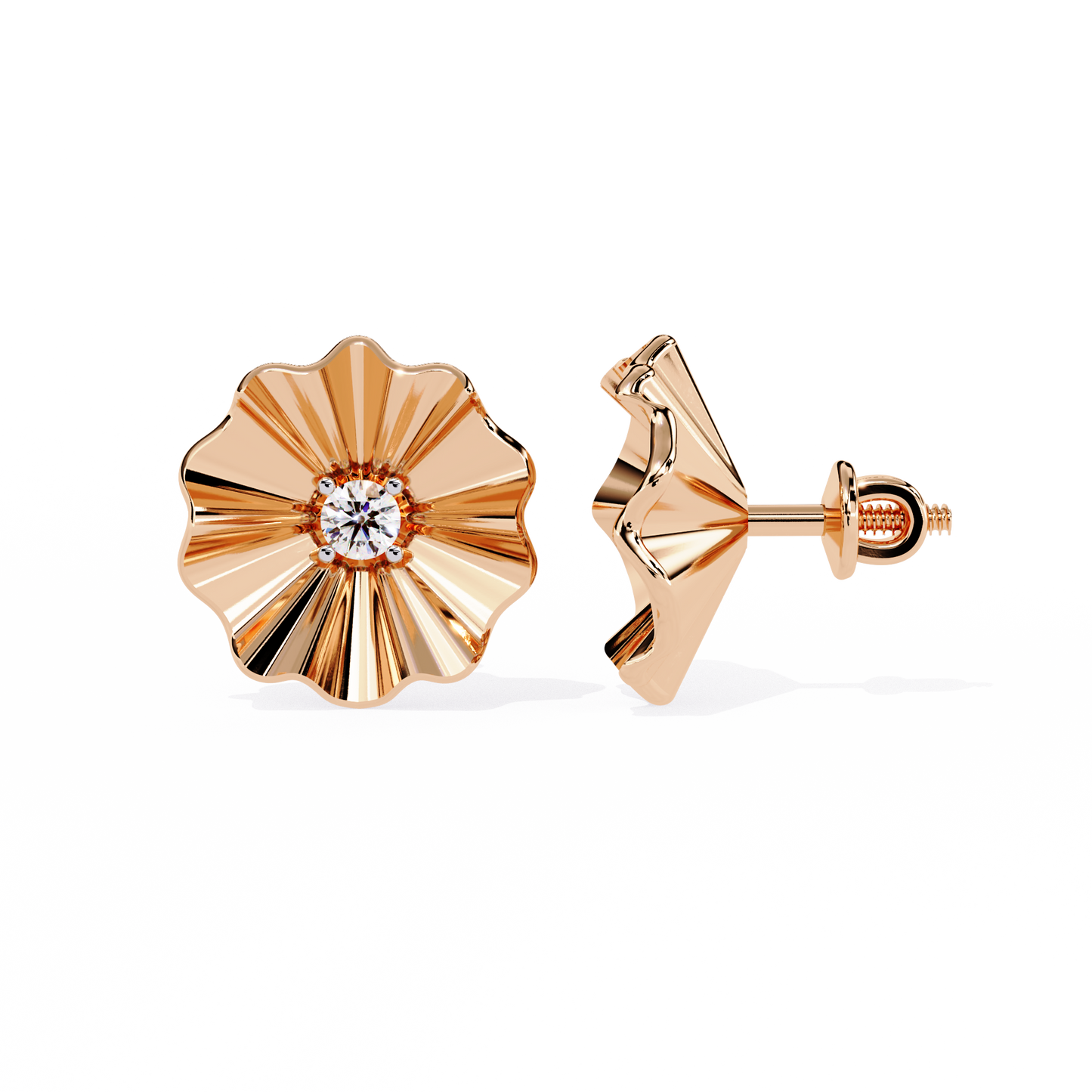 Golden Bloom – Ruffled Gold Studs with Princess Lab Diamond in 14K