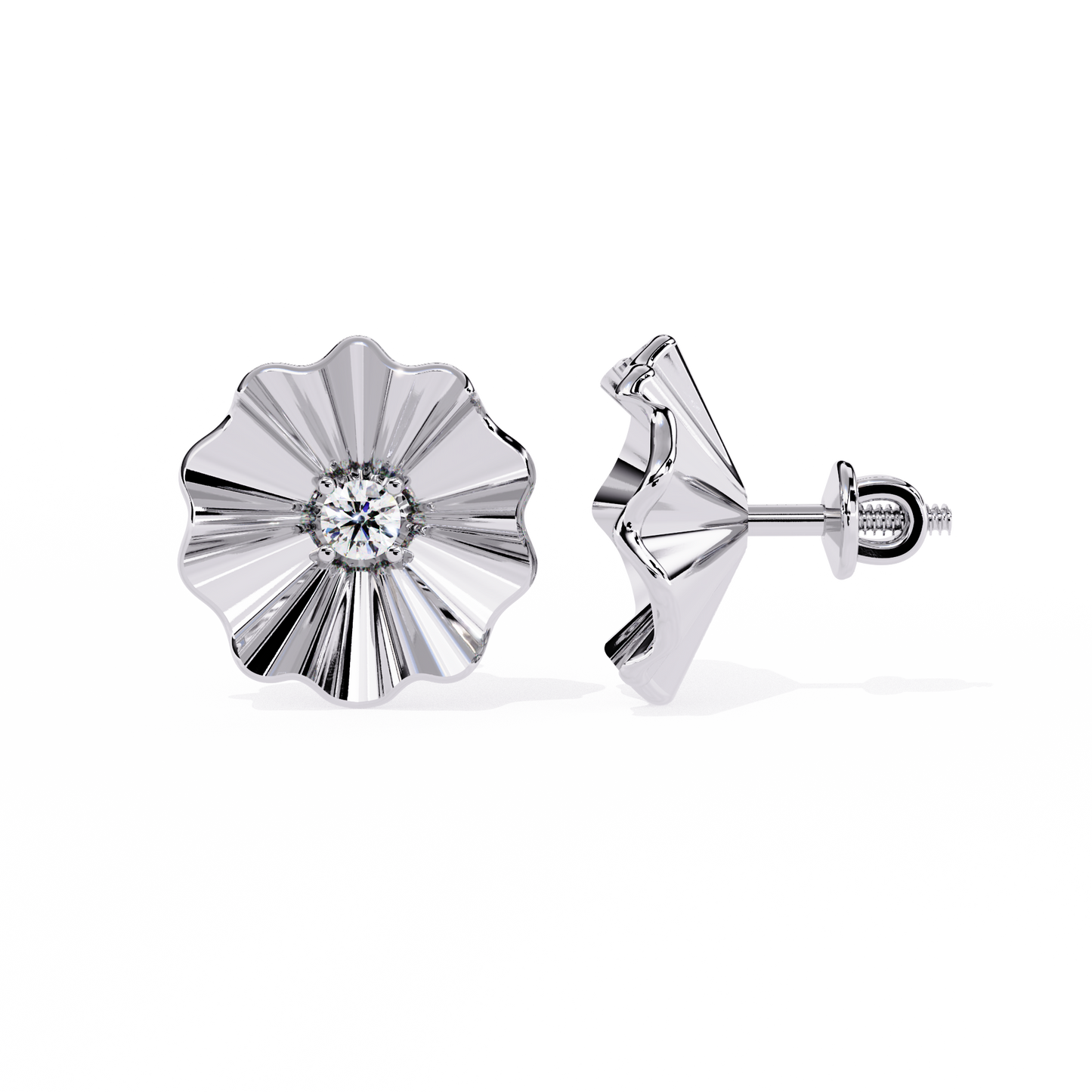 Golden Bloom – Ruffled Gold Studs with Princess Lab Diamond in 14K