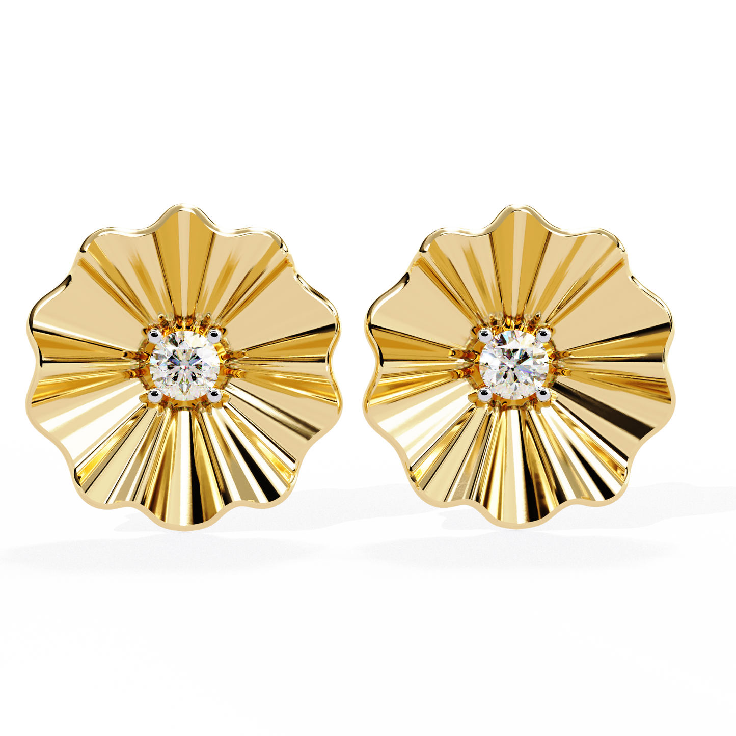 Golden Bloom – Ruffled Gold Studs with Princess Lab Diamond in 14K
