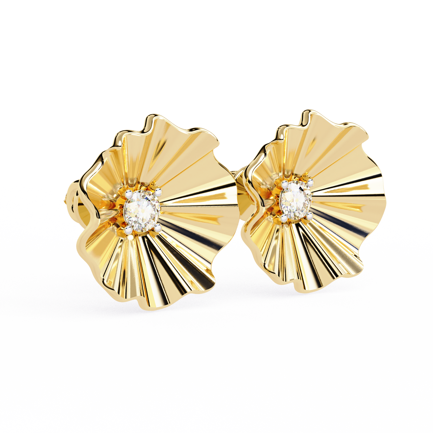 Golden Bloom – Ruffled Gold Studs with Princess Lab Diamond in 14K