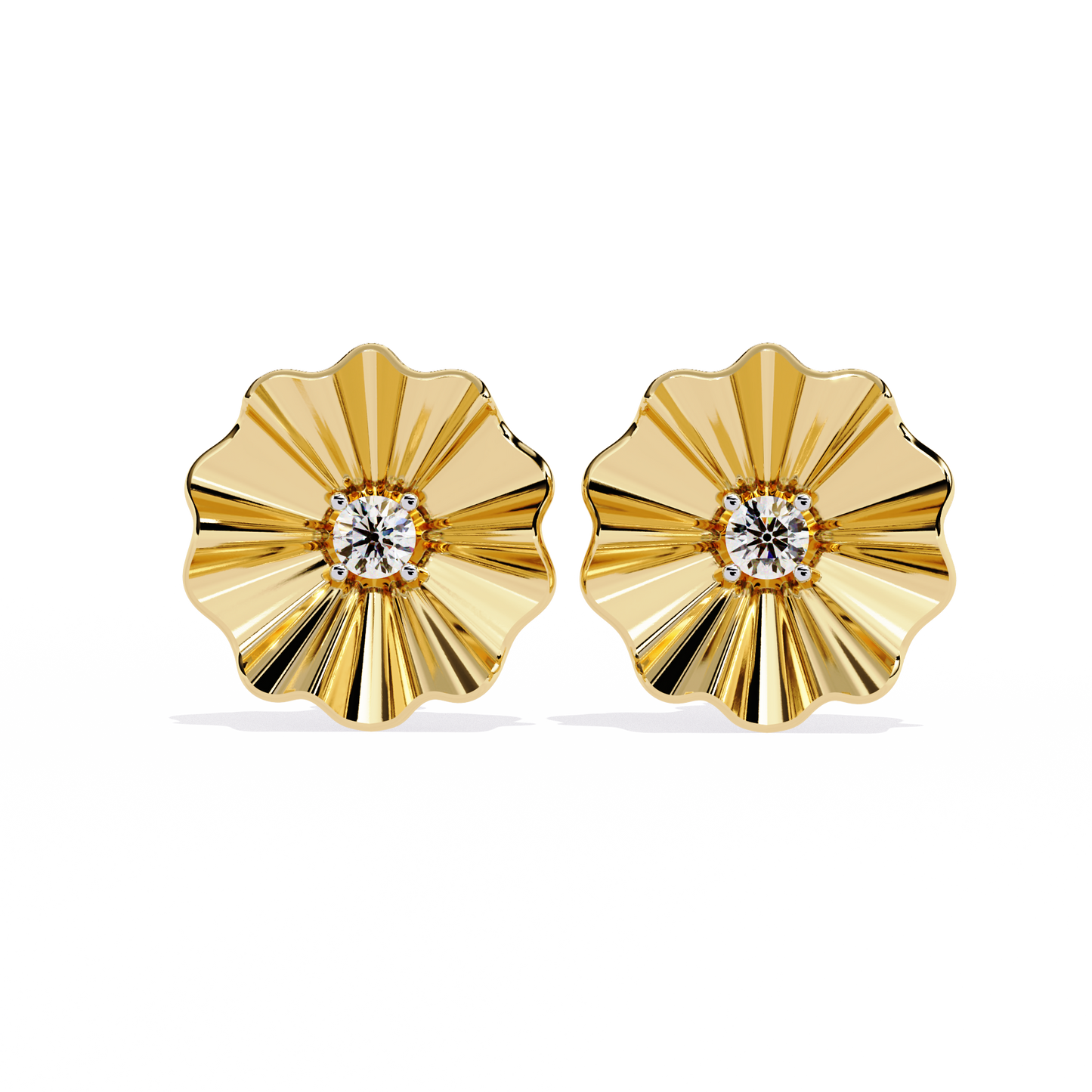 Golden Bloom – Ruffled Gold Studs with Diamond in 14K
