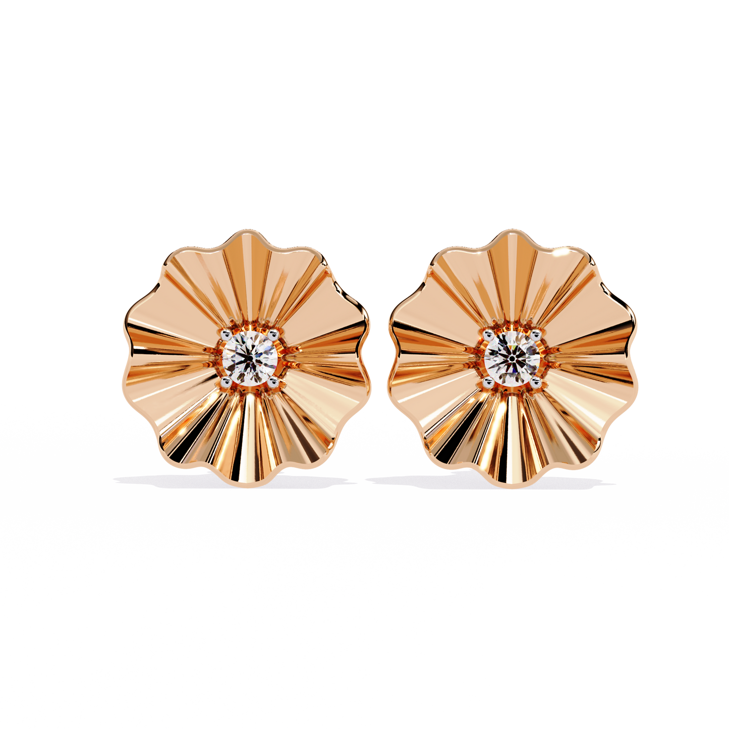 Golden Bloom – Ruffled Gold Studs with Princess Lab Diamond in 14K