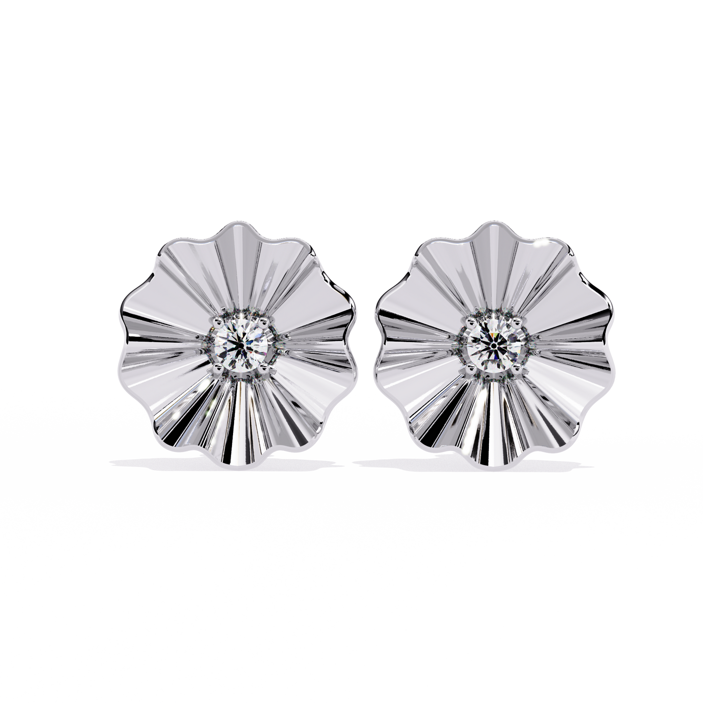 Golden Bloom – Ruffled Gold Studs with Princess Lab Diamond in 14K