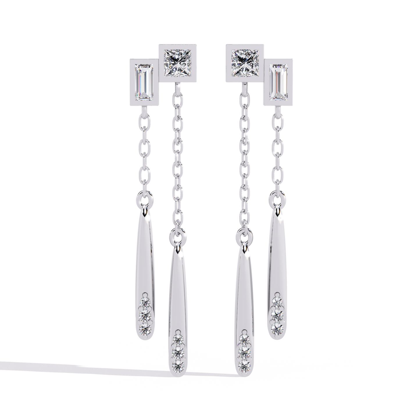 Geometric Drop – Princess & Baguette Diamond Chain Earrings in 14K Gold