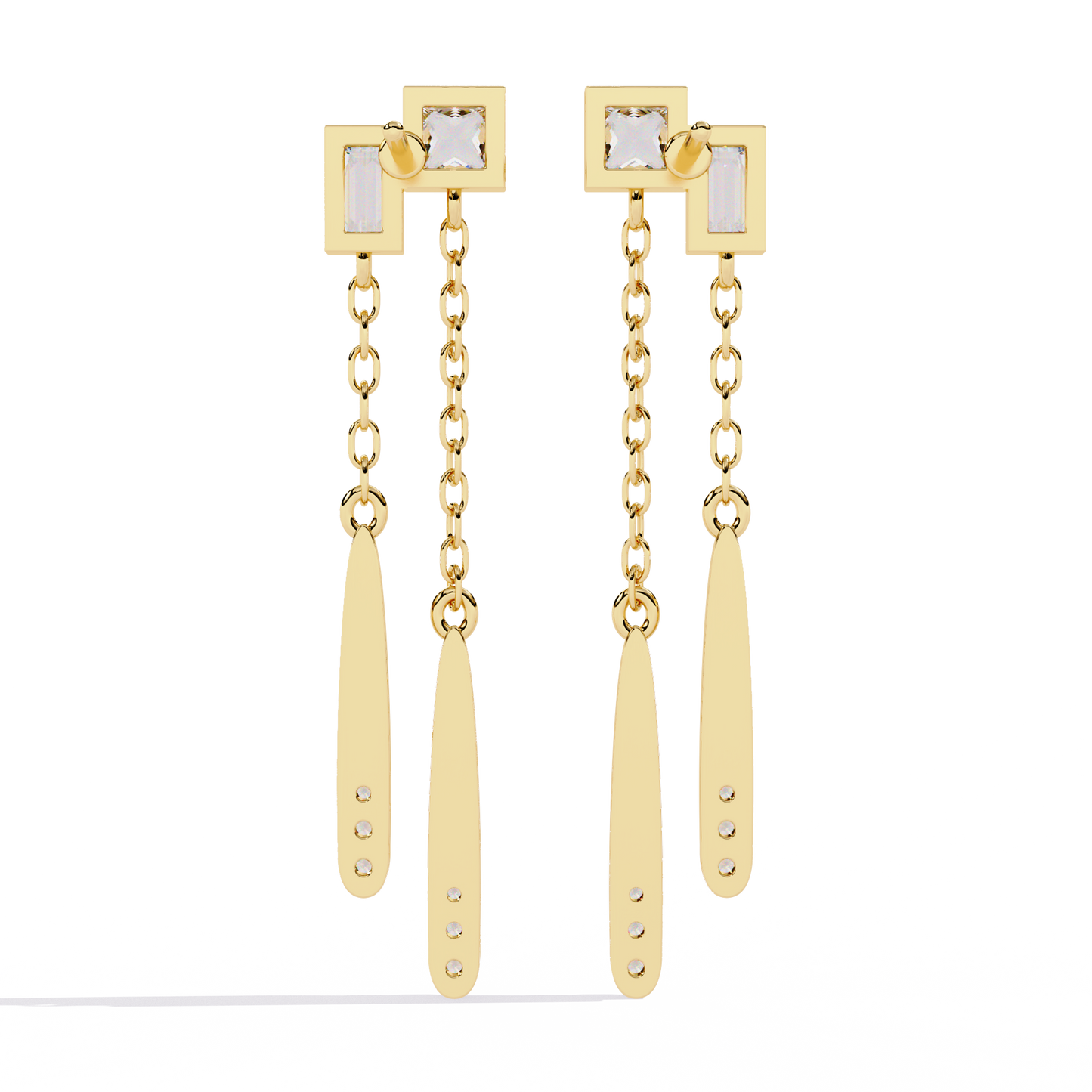Geometric Drop – Princess & Baguette Diamond Chain Earrings in 14K Gold