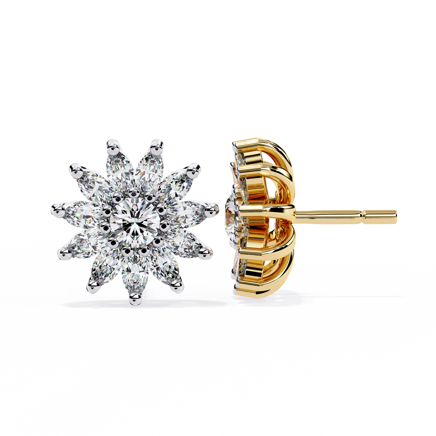 Daisy Marquise – Round & Marquise Lab Diamond Floral Stud Earrings in 14K Gold
