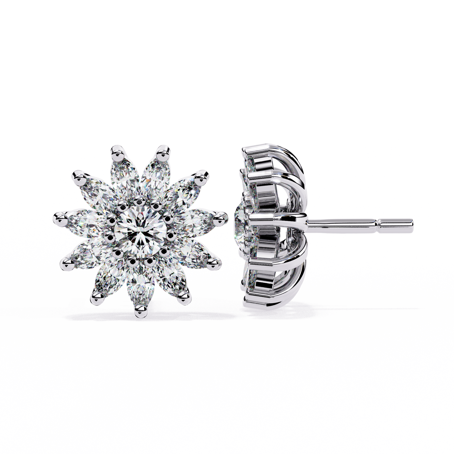 Daisy Marquise – Round & Marquise Lab Diamond Floral Stud Earrings in 14K Gold