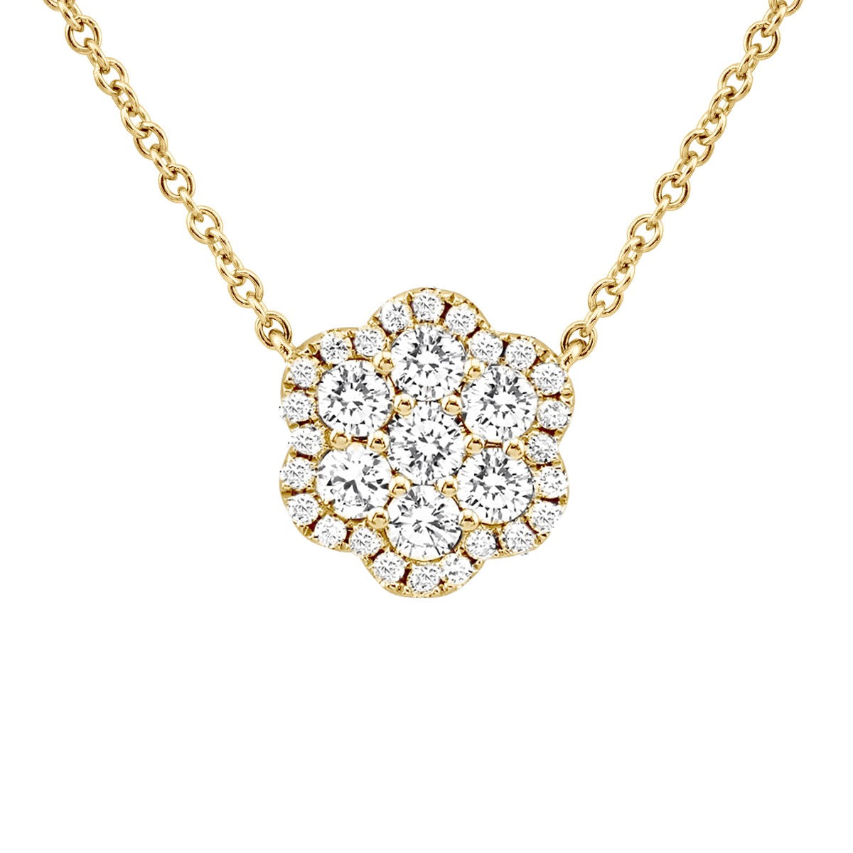 Ladies 14K White Gold Round Diamond Flower Necklace Pendant with Chain | Cluster Design | 0.75ct