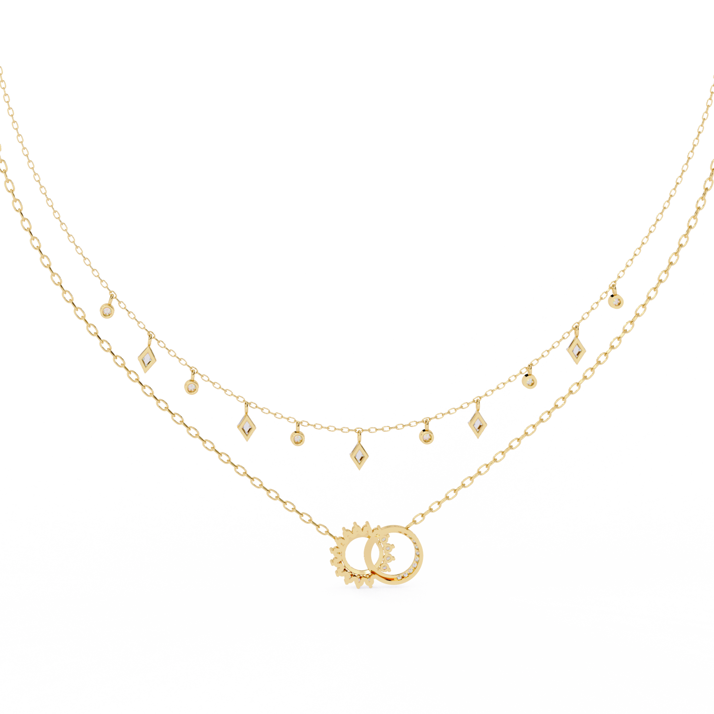 Lunar Link – Dual Charm Diamond Necklace in 14K Gold
