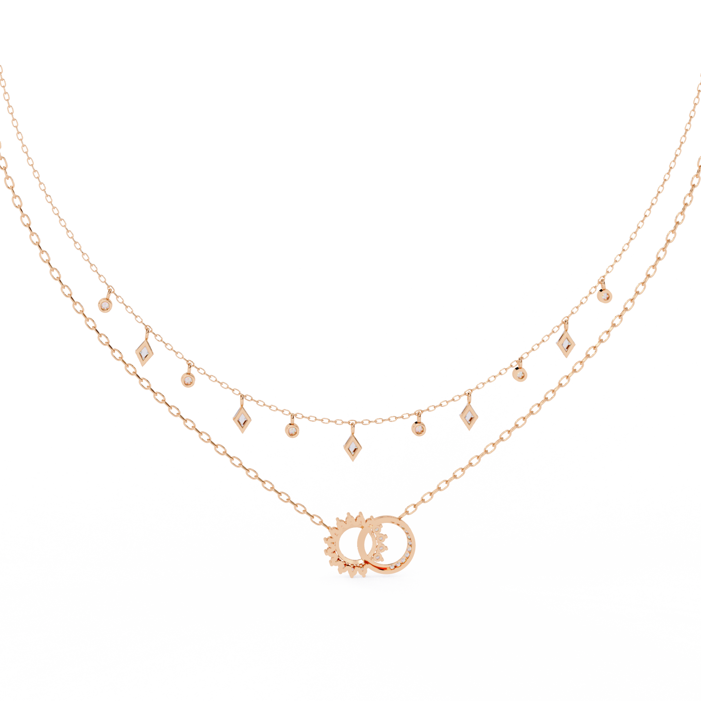 Lunar Link – Dual Charm Diamond Necklace in 14K Gold