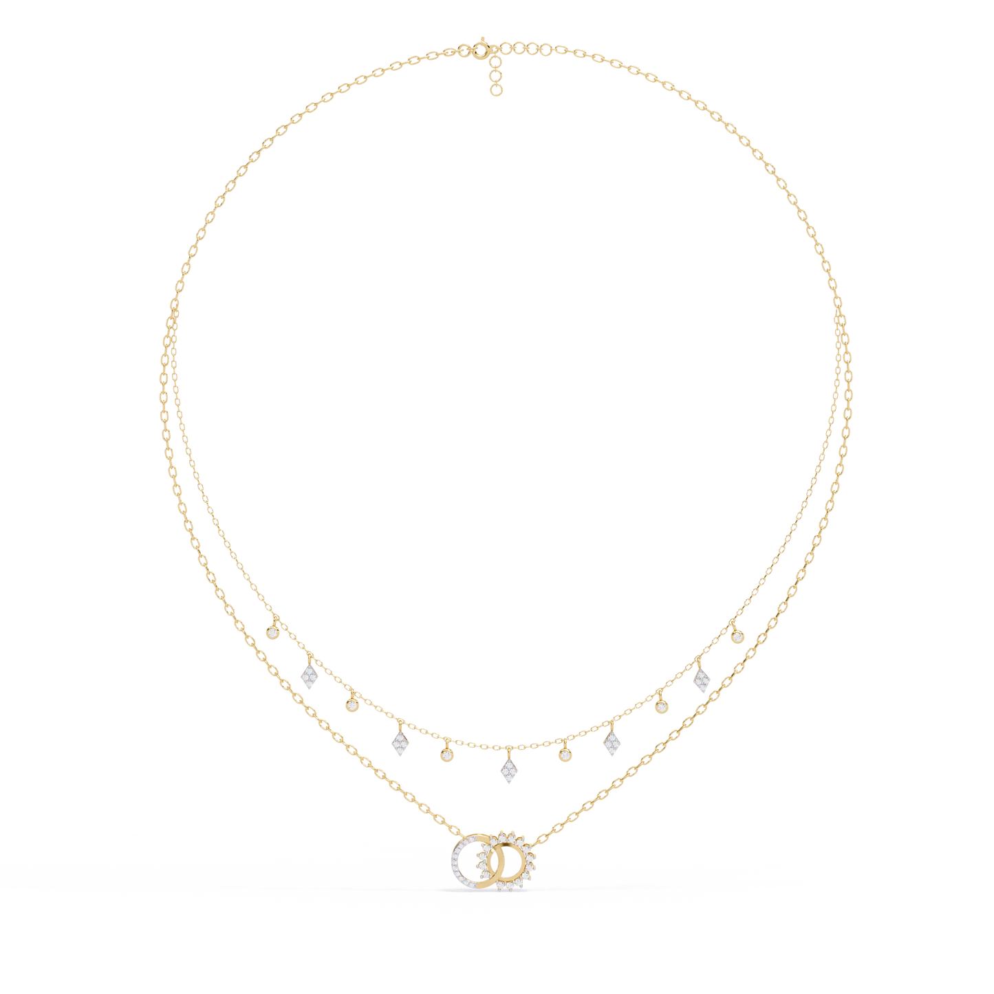 Lunar Link – Dual Charm Diamond Necklace in 14K Gold