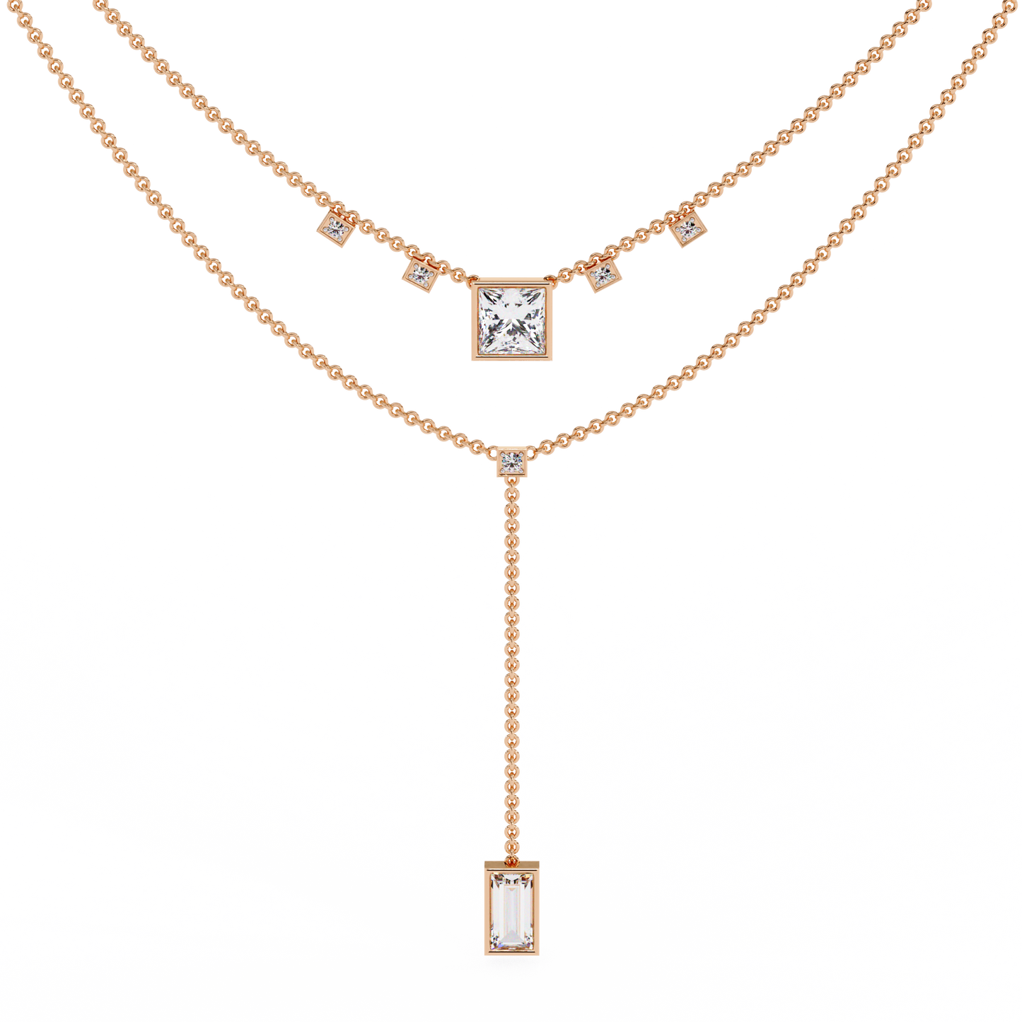 Twin Radiance – Princess & Emerald Lab Diamond Lariat Necklace in 14K Gold