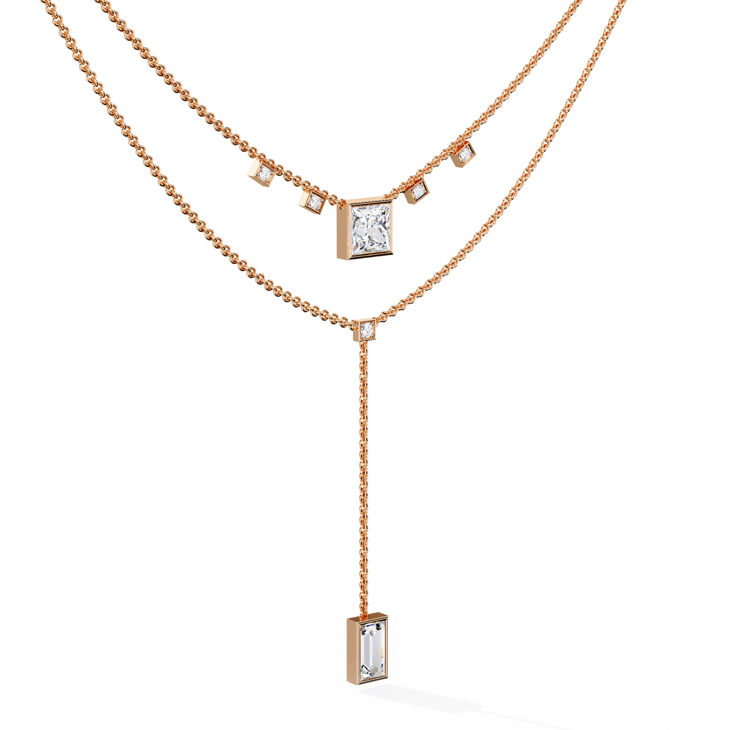 Twin Radiance – Princess & Emerald Lab Diamond Lariat Necklace in 14K Gold