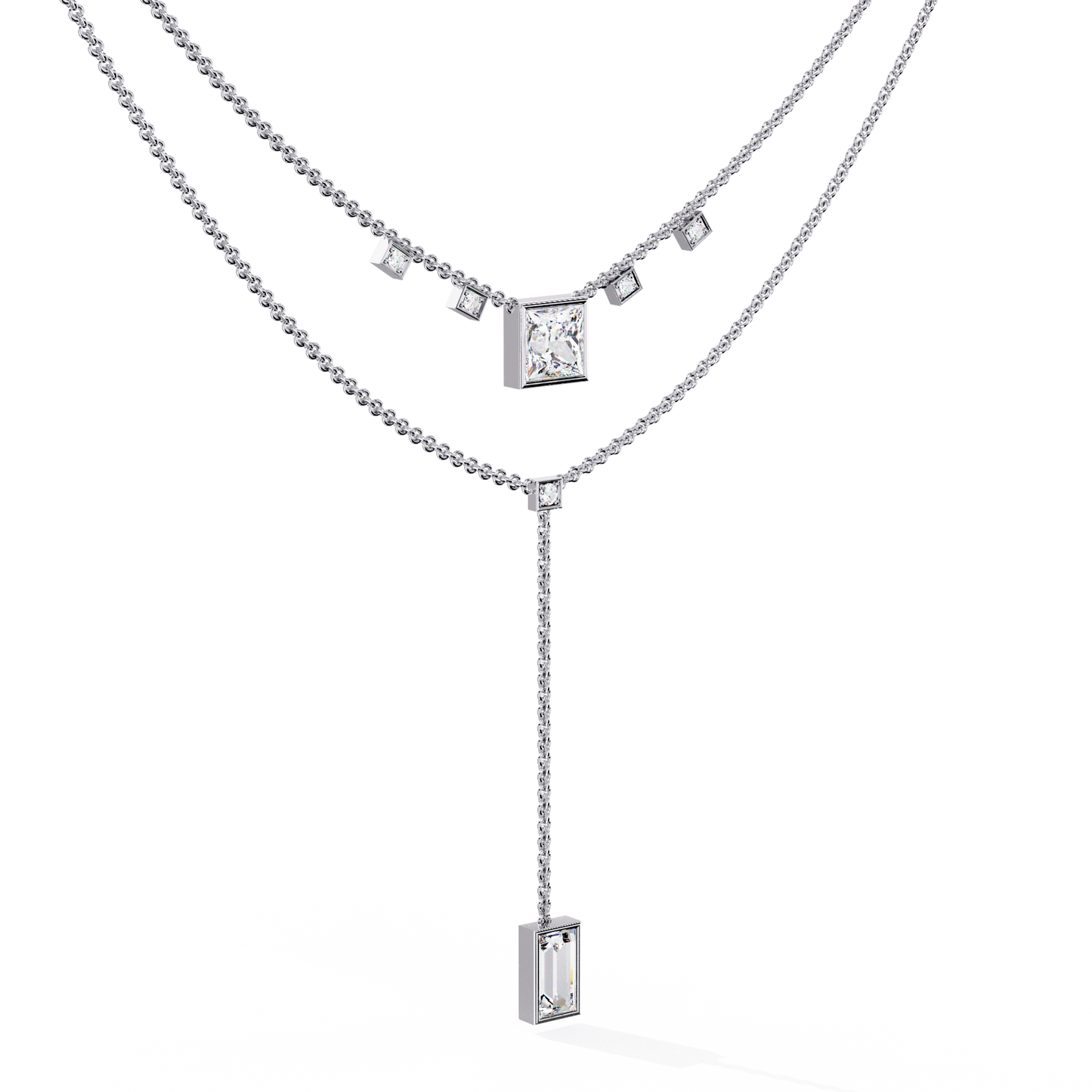 Twin Radiance – Princess & Emerald Diamond Lariat Necklace in 14K Gold