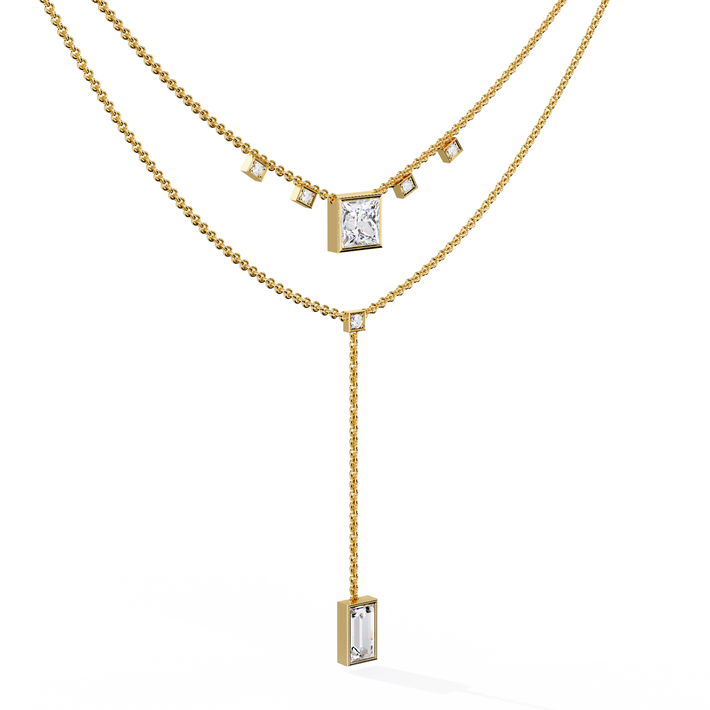 Twin Radiance – Princess & Emerald Lab Diamond Lariat Necklace in 14K Gold