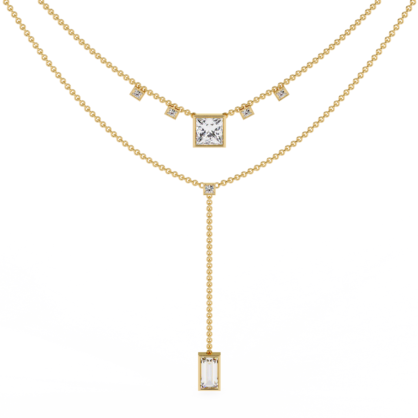 Twin Radiance – Princess & Emerald Lab Diamond Lariat Necklace in 14K Gold