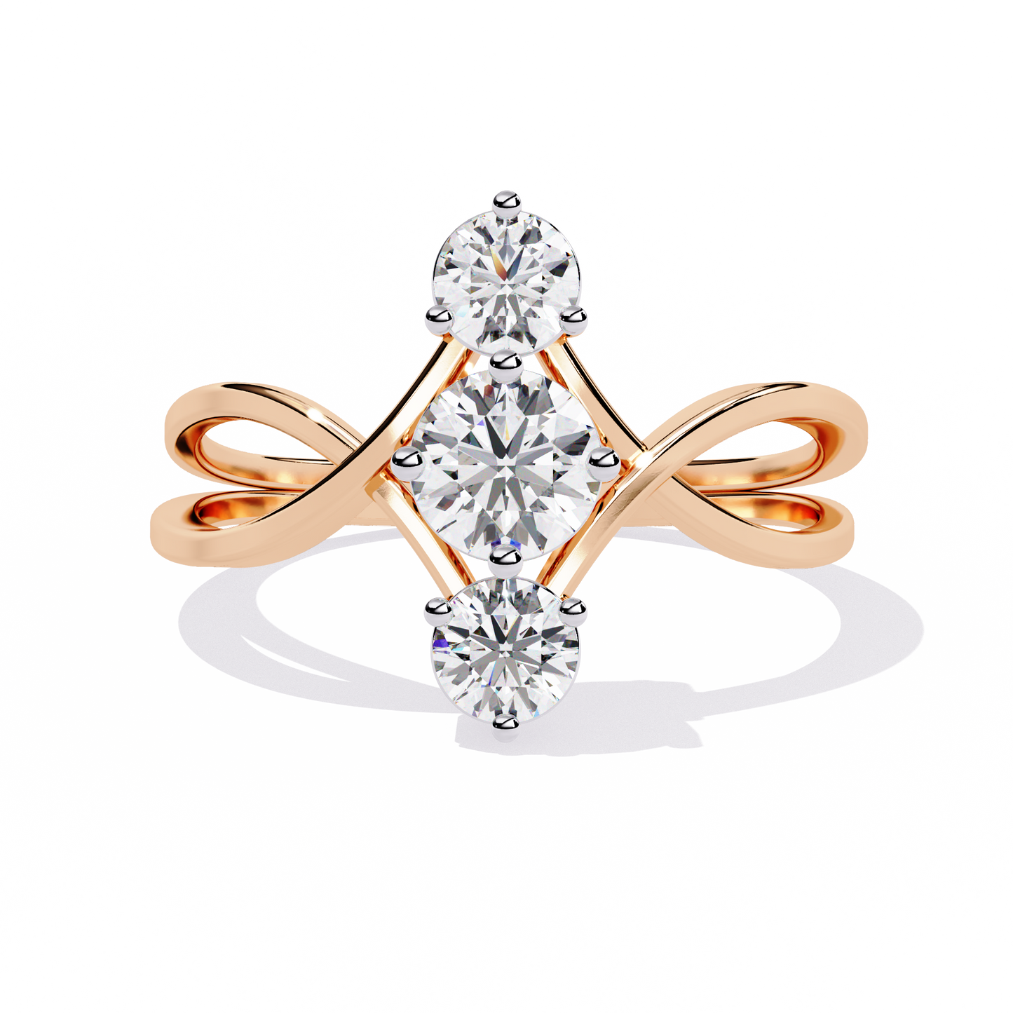 Ribbon Arc – Triple Round Diamond Ring with Criss-Cross Shank in 14K Gold