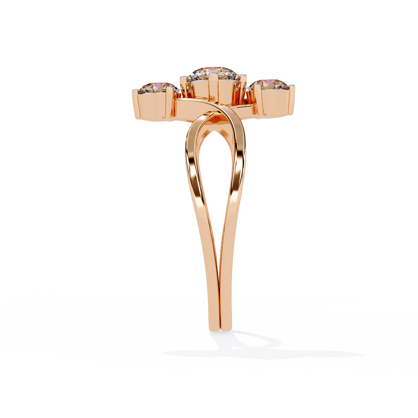 Ribbon Arc – Triple Round Diamond Ring with Criss-Cross Shank in 14K Gold