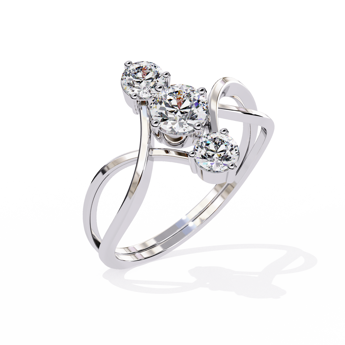 Ribbon Arc – Triple Round Diamond Ring with Criss-Cross Shank in 14K Gold