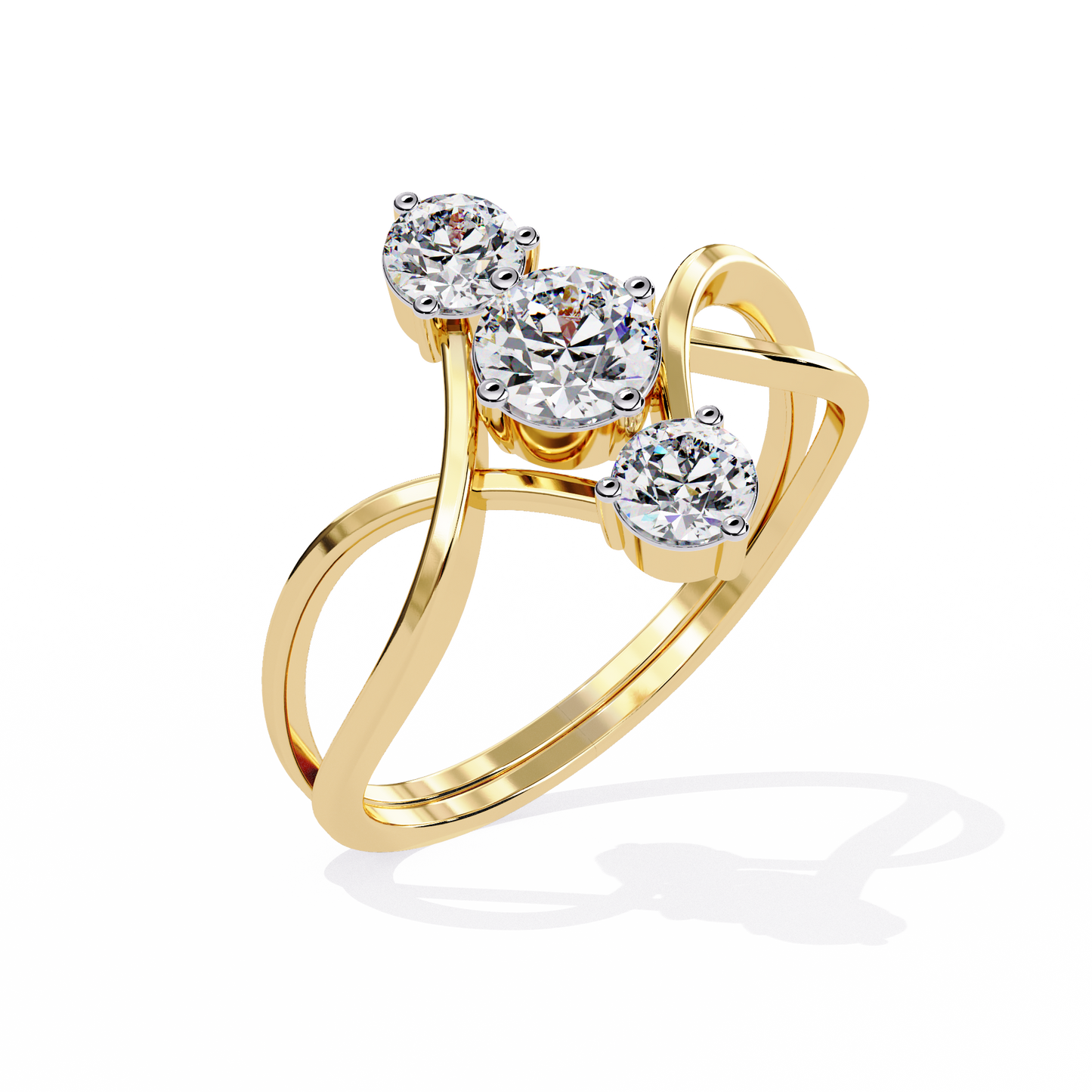 Ribbon Arc – Triple Round Diamond Ring with Criss-Cross Shank in 14K Gold