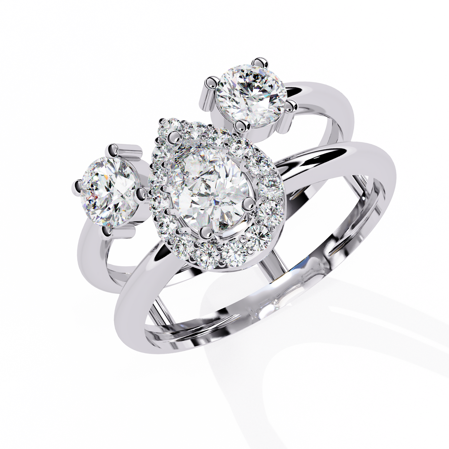 Halo Drop – Pear Diamond Ring with Twin Round Accents and Dual-Band in 14K Gold
